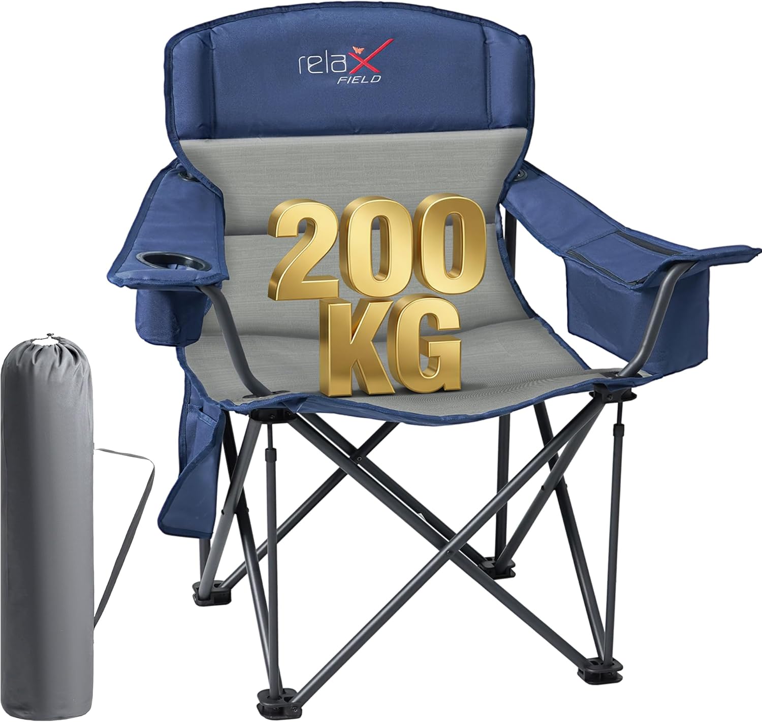 Campingstuhl Faltbar 200KG mit Getränkehalter und Kühltasche, Klappstuhl Camping, Anglerstuhl Klappbar mit Hohe Rückenlehne, Blau