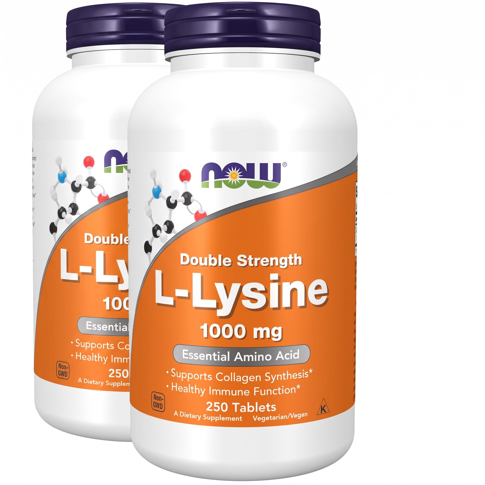 NOW Foods Supplements,L-Lysine (L-Lysine Hydrochloride) 1,000 mg,Double Strength,Amino Acid,250 Tablets,(Pack of 2)