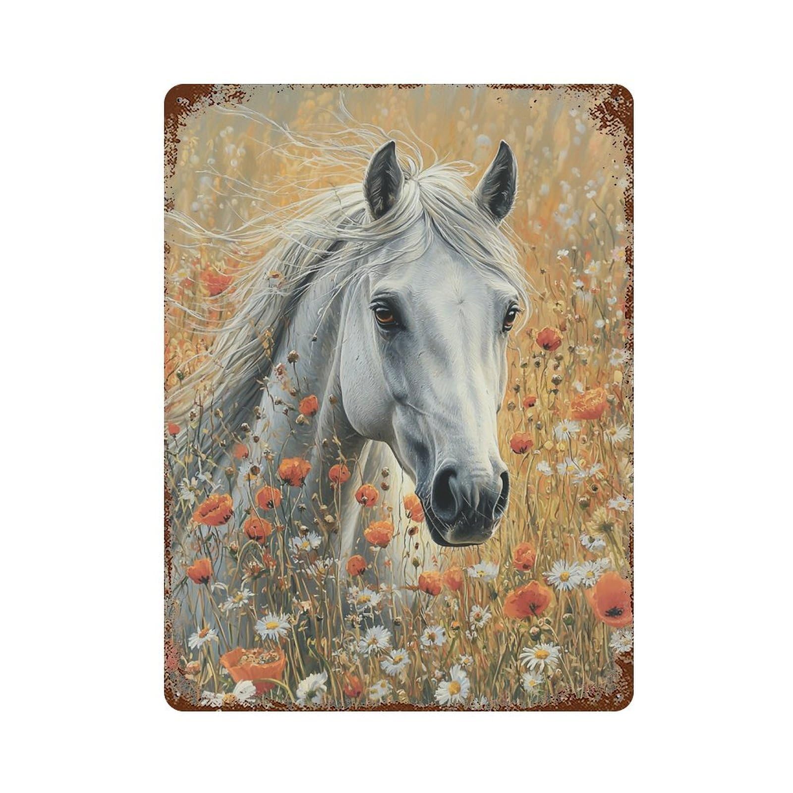 White Horse in Wildflowers Vintage Metal Tin Sign 15.7"x11.8", Ideal for Living Room, Hallway And Home Decor