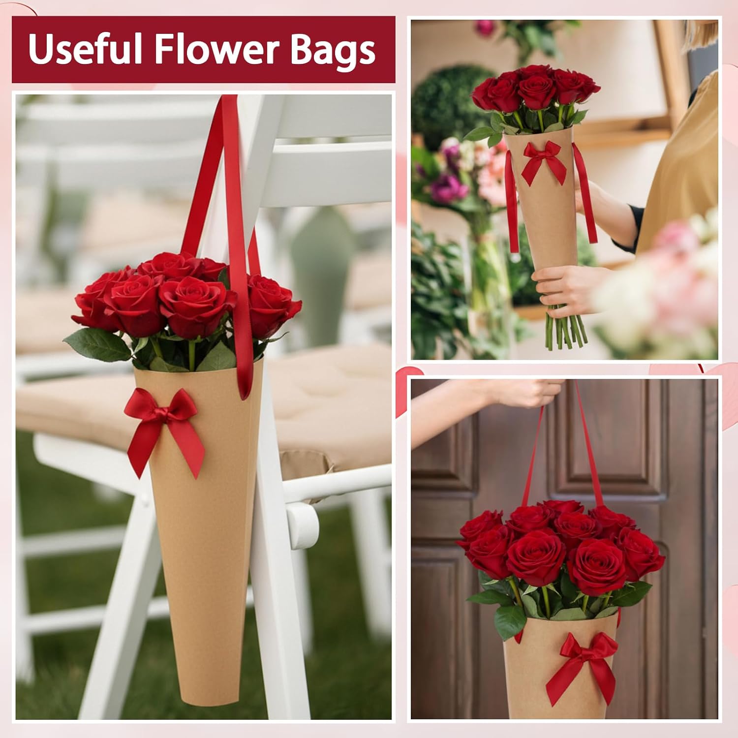 Mooliwe 20 Pcs Flower Bouquet Bags with Ribbon Handles Kraft Paper Flower Wrapping Gift Bags Bouquets Holder for Valentines Day Wedding Florist Shops Supplies Mothers Day Party Decor - Image 6