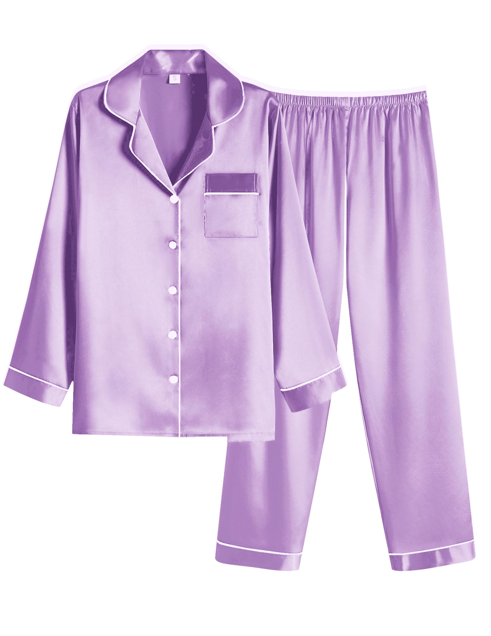 Ekouaer Women Satin Pajamas Set Classic Button Down Long Pjs Set