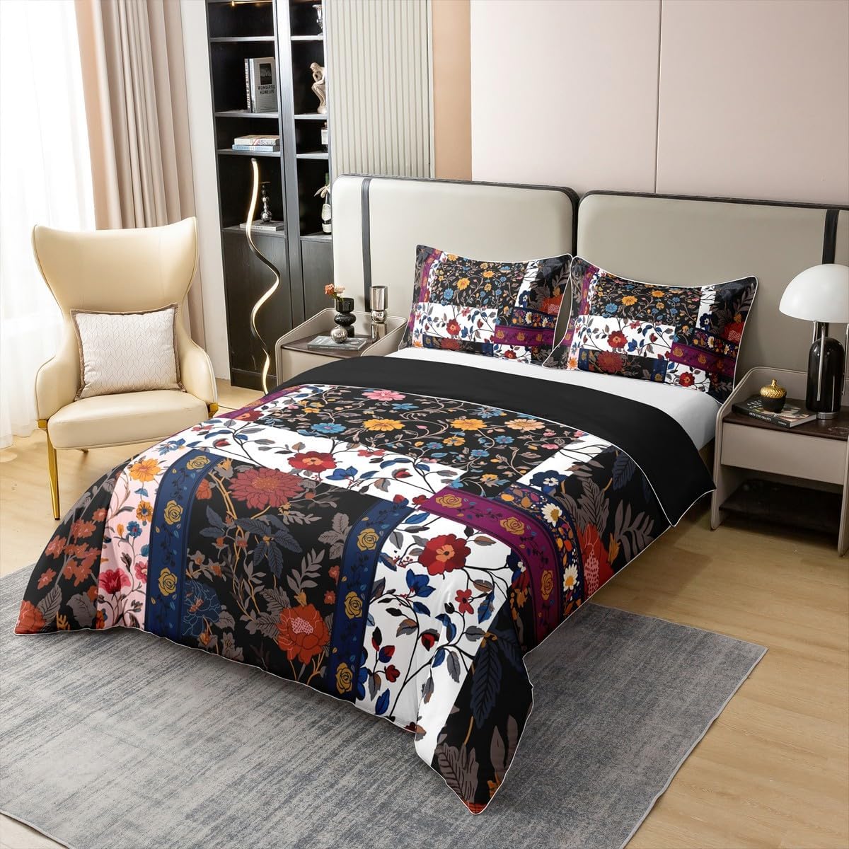 Feelyou Floral Duvet Cover 100% Cotton King Size Boys Girls Patchwork Floral Bedding Set Breathable Soft Botanical Flowers Comforter Cover 3Pcs Vintage Flowers Bedroom Decor Microfiber Zipper Closure