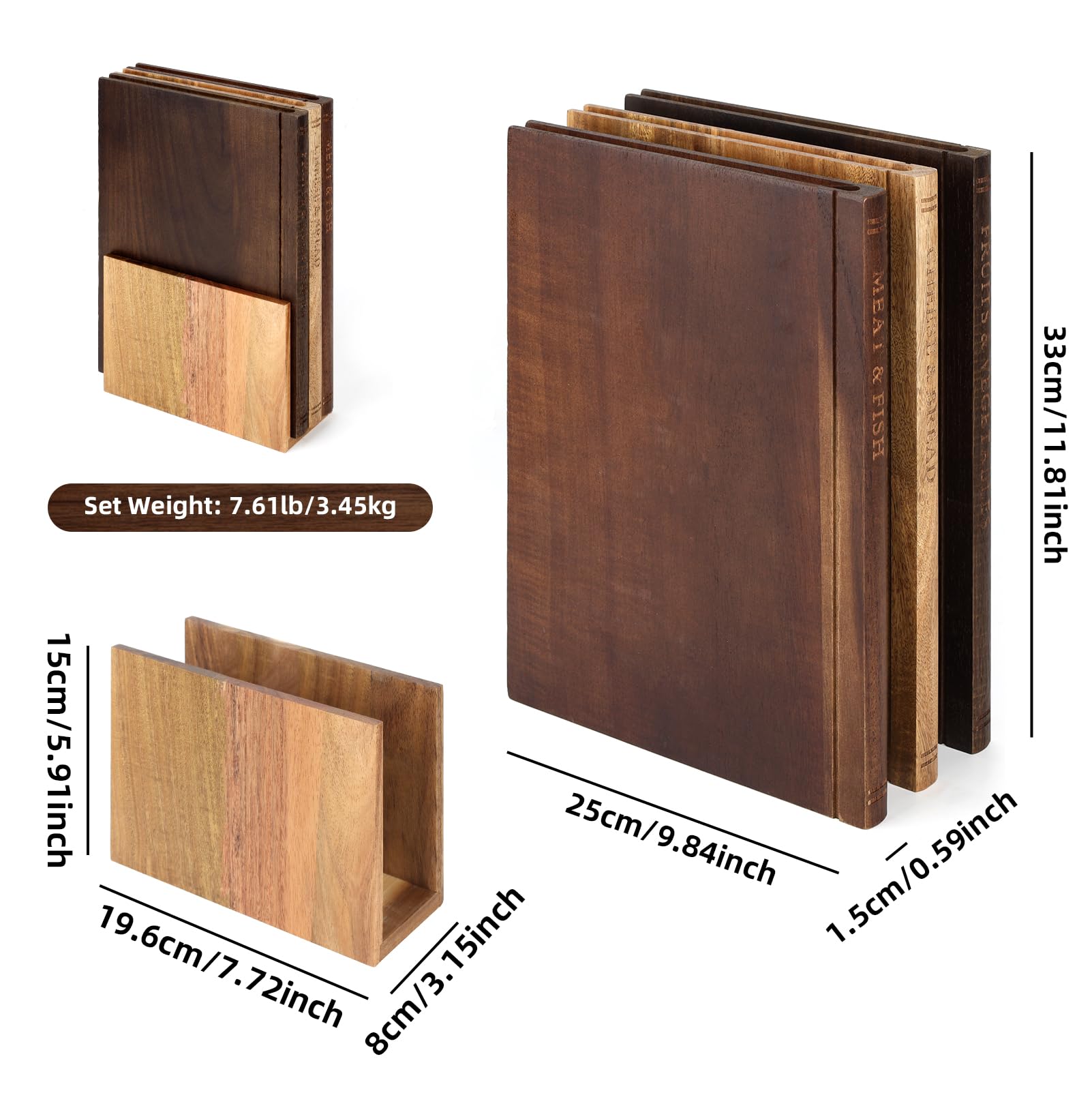 Schneidebrett 3er Set mit Ständer, Holzbrett Küche Buchdesign Küchenbretter, Rutschfest, Schmutzabweisend, Cutting Board für Käse, Brot, Gemüse, Langlebig und Praktisch