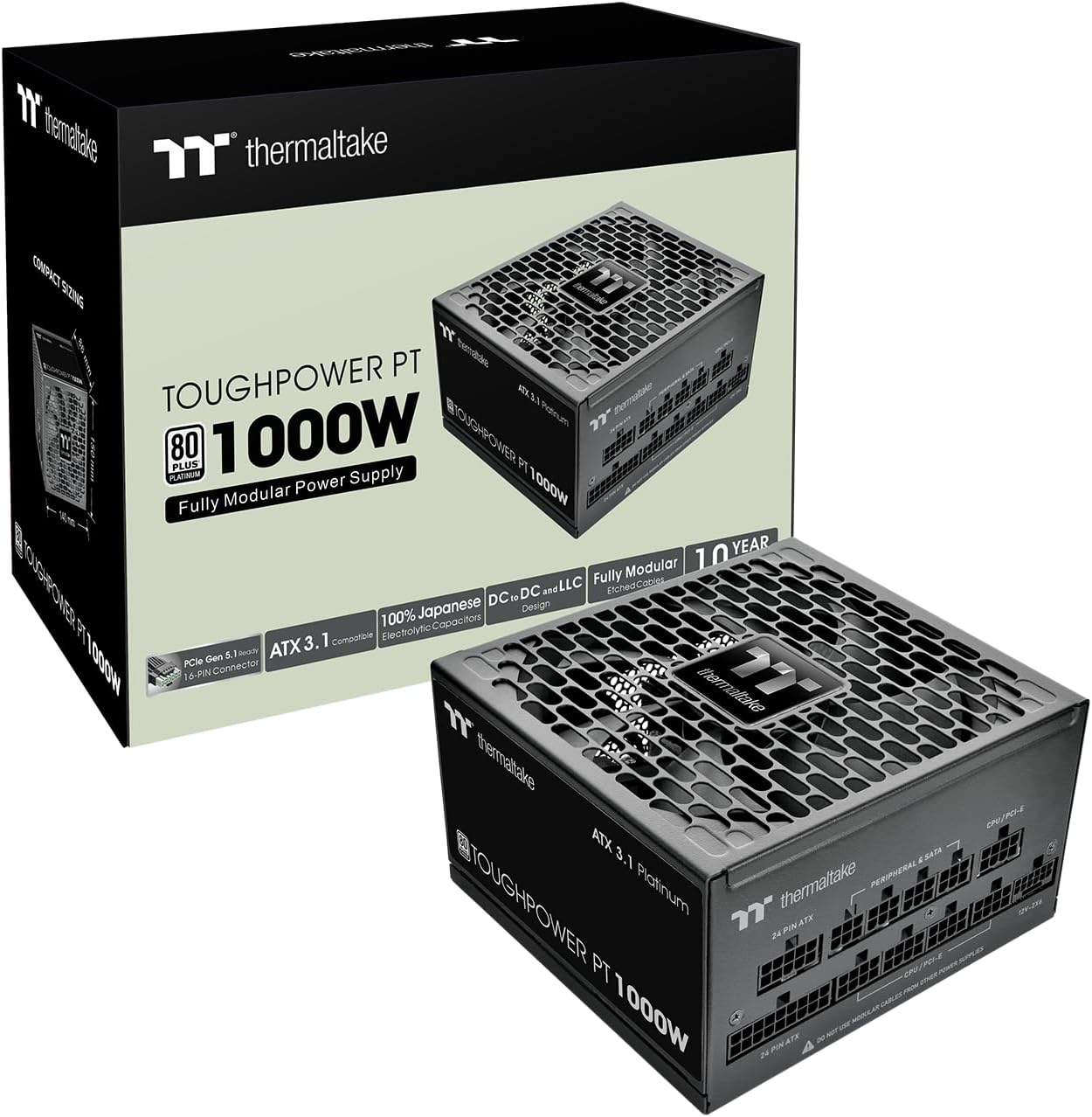 Toughpower PT 1000W; ATX 3.1; Native PCIe 5.1 12V-2x6; Etched Flat Cables; Dual-Color H++ Connectors; 100% Japanese Capacitors; 135mm Fan; 80 Plus Platinum; Black; PS-TPP-1000FNFAPU-1