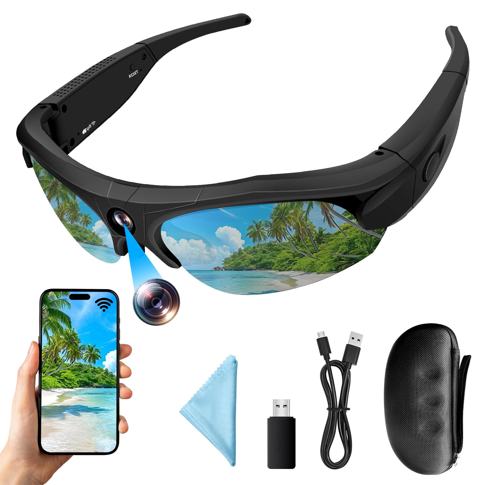 Occhiali da Sole con Telecamera, Occhiali con Telecamera Nascosta | Mini Action Cam, Registrazione video in HD, 100 minuti, 120°, Wi-Fi, registrazione in loop per attività all'aperto