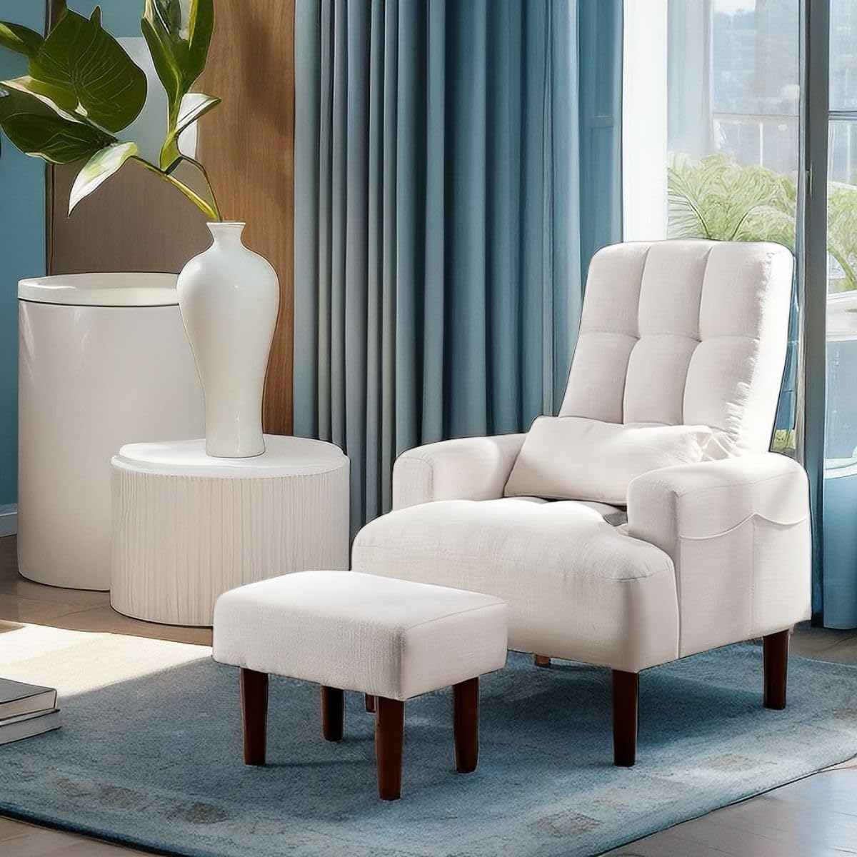 Redde Boo Modern Linen Fabric Single Sofa Chair, White Single Sofa Bed for Living Room Sofa, Folding Sofa Bed with Adjustable Back for Living Room(Beige)