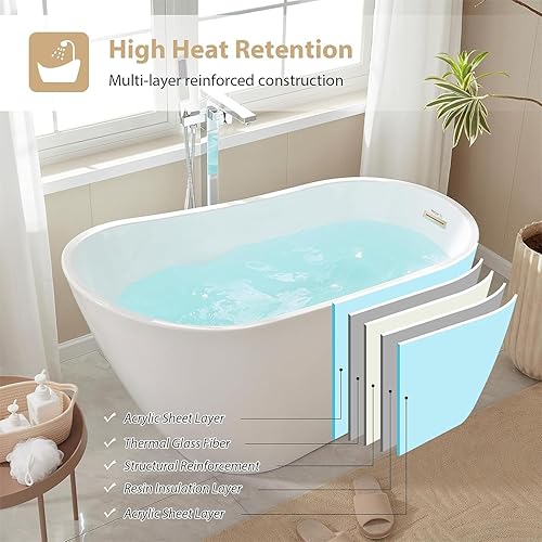 Miniatura 6 de Vanity Art Bañera independiente de 55 x 28 pulgadas, bañera de acrílico blanco, moderna bañera de remojo sola con desbordamiento ranurado