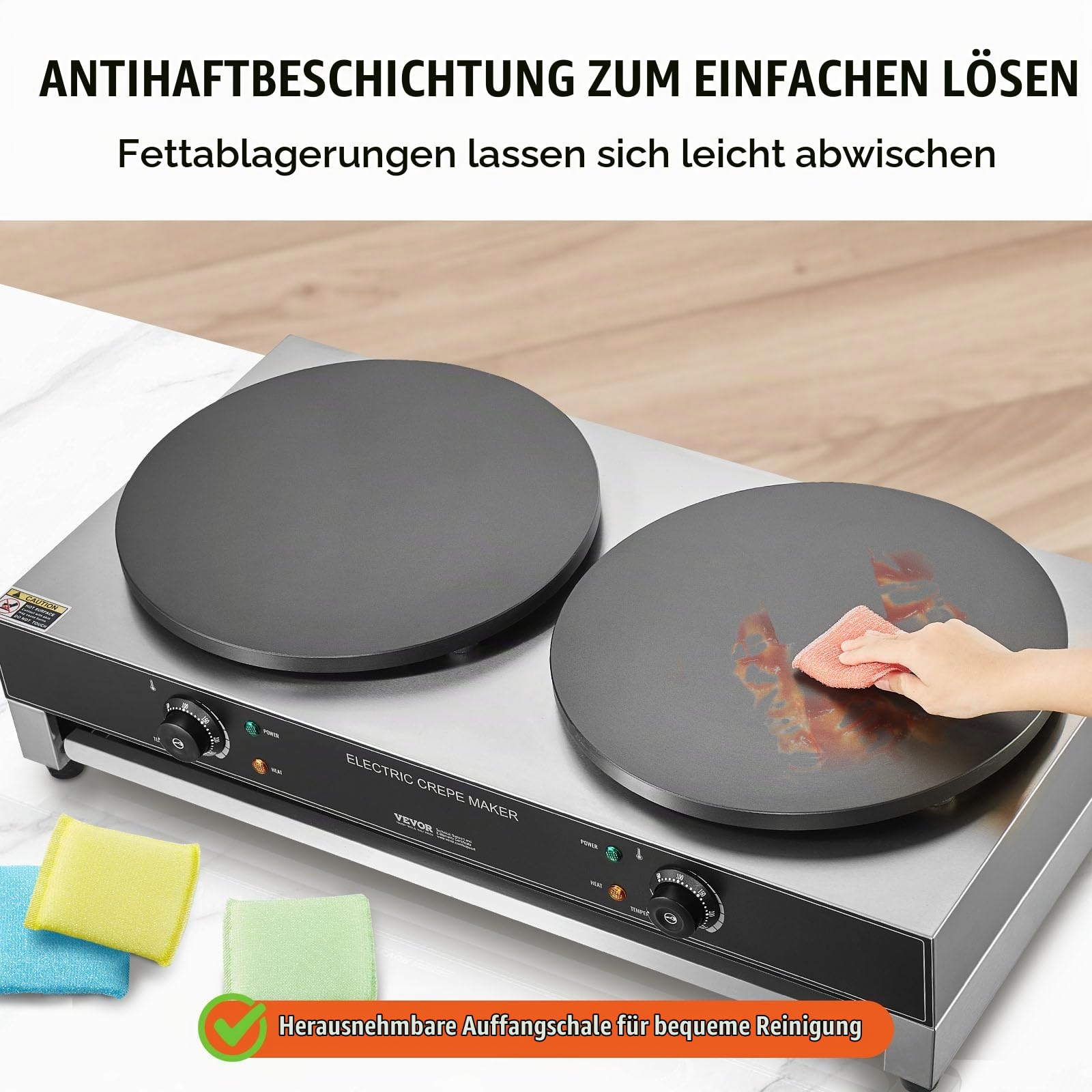 VEVOR elektrischer Crepemaker Crepe-Maschine mit Doppelkopf 6000 W flache Crepe-Grillplatte, Pfannkuchenherd aus Edelstahl, Cerealien-Pfannkuchenherd, Temperaturregelung (kein Stecker)