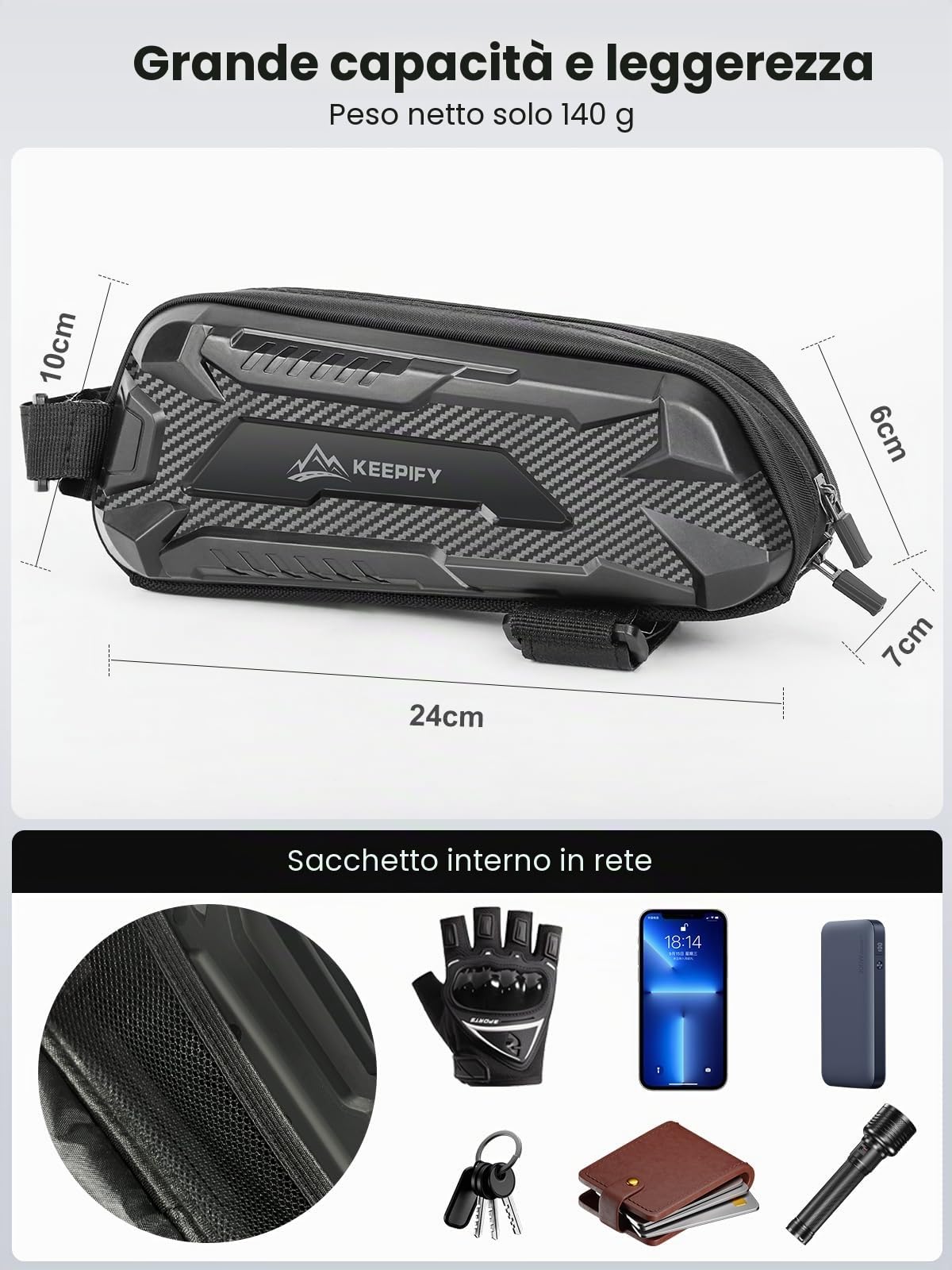 Borsa Telaio Bici Super Support, Bici Borsa Tubo Anteriore Leggera & Impermeabile, Borsa da Telaio Bici con Cerniera Autobloccante per Bici da Strada & MTB - Nero