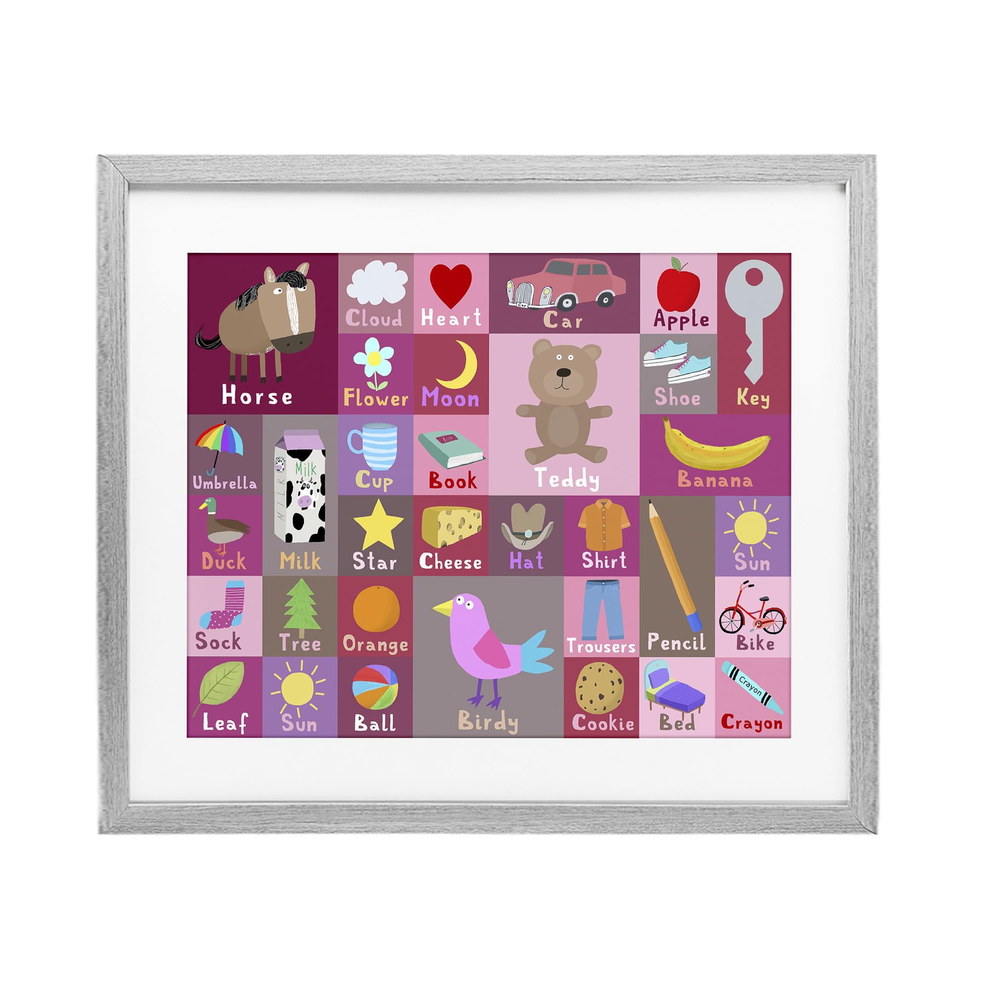 Stupell Industries Farmhouse Gray (Textured) 'Pink First Words'| Framed Print Under Glass