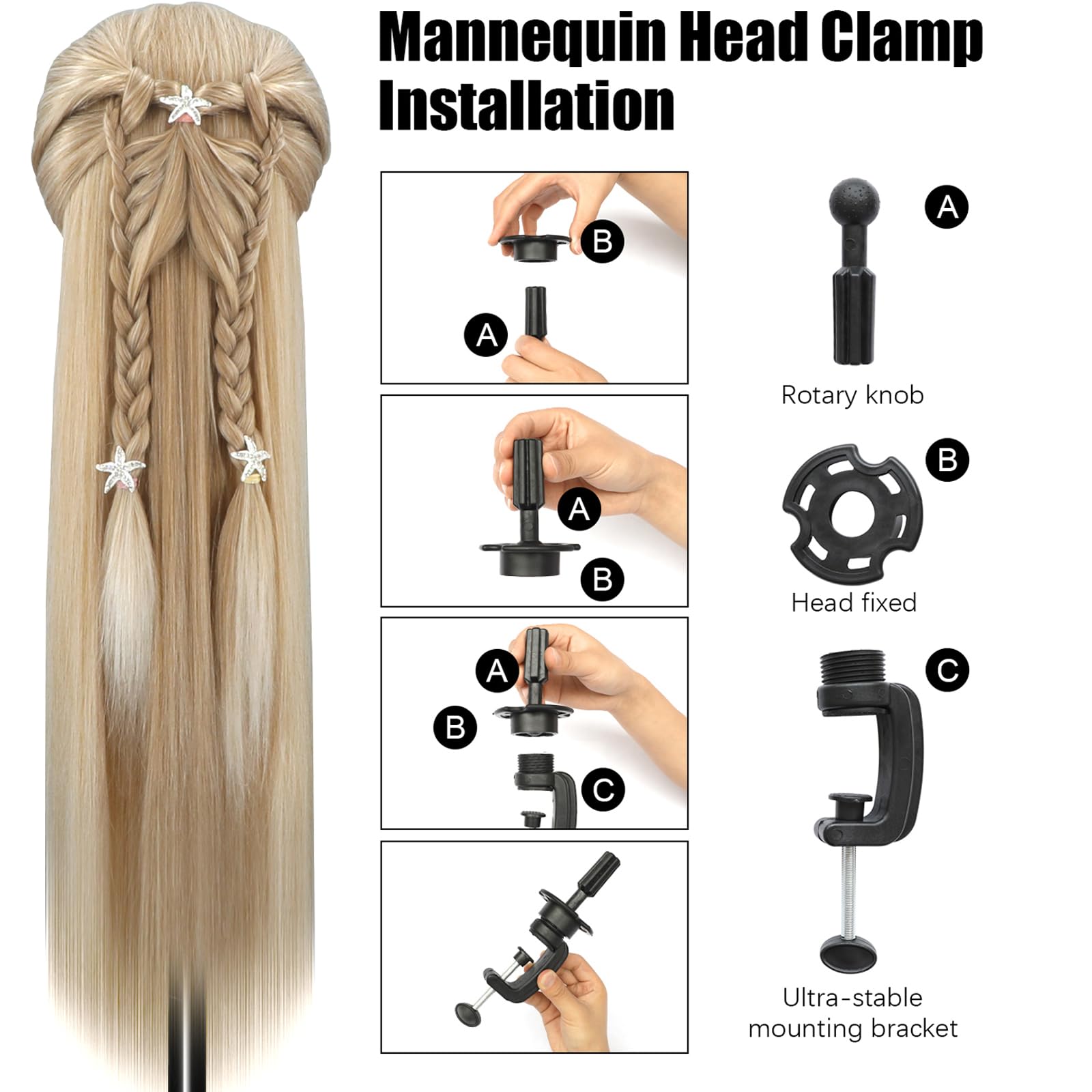 Testa Per Parrucchiere, 28 Inch Testina Parrucchiere Capelli 100% fibre Sintetiche Parrucchiere Testa Per Parrucchiere con Morsetto Libero e DIY Accessori Per Capelli (3-60)