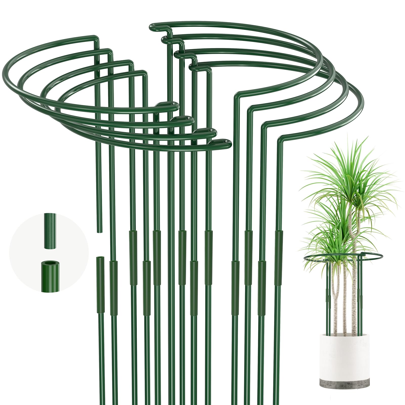 KAZITOO 70cm Tall Plant Support Stakes, Large Strong Green Metal Garden Supports, Easy to Connect Half Round Plant Stake Ring Cage for Peonies Monstera Rose Sedum (70 x 32cm Pack of 8)