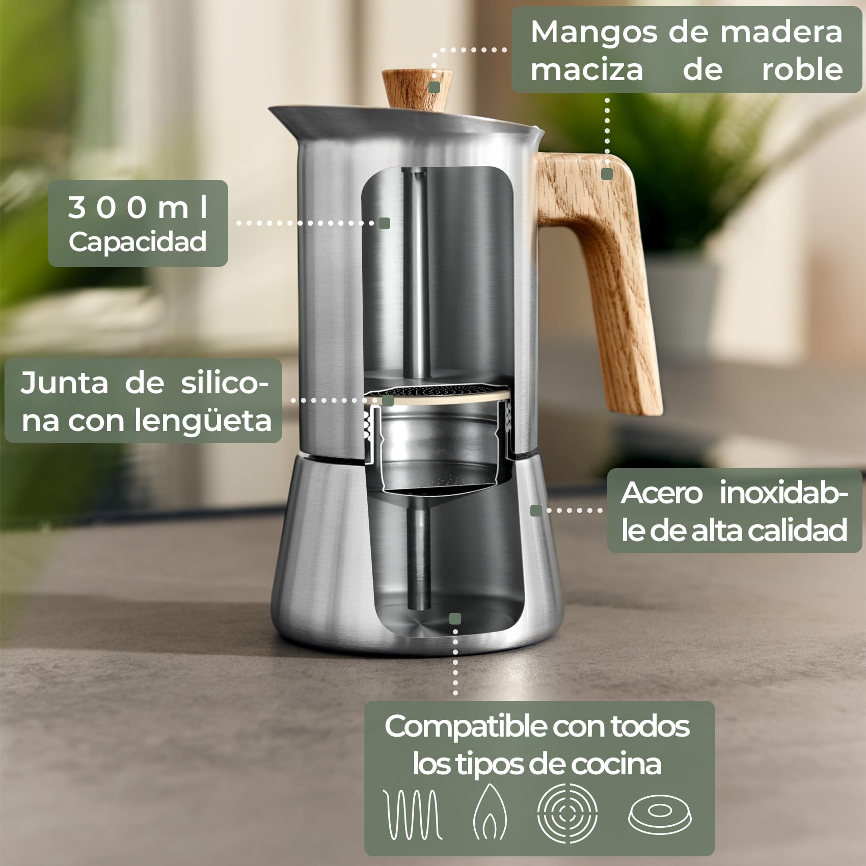 WALDWERK Cafetera italiana induccion (300 ml) – Cafetera italiana acero inoxidable todo tipo de cocinas – Cafetera induccion con mango de auténtica madera de roble