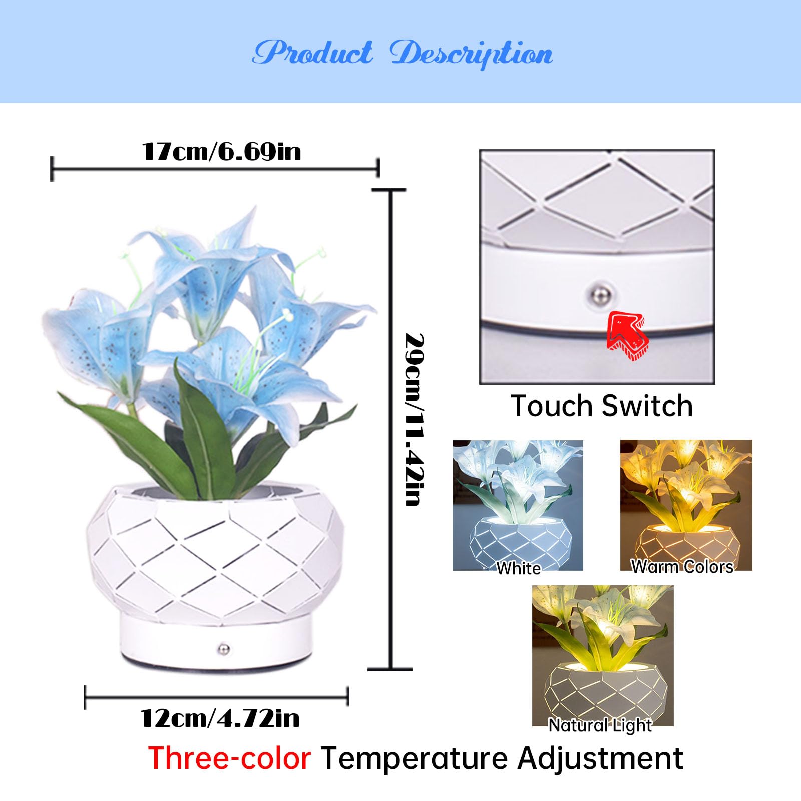 Lilien-Nachtlicht in geometrischem Eisen-Übertopf, 3 Farben, unendlich, dimmbar, Tischlampen, geeignet für Kindernachttisch, ein Geschenk für geliebte Menschen, Hochzeitsdekoration, Lilienblau, 11,9 x