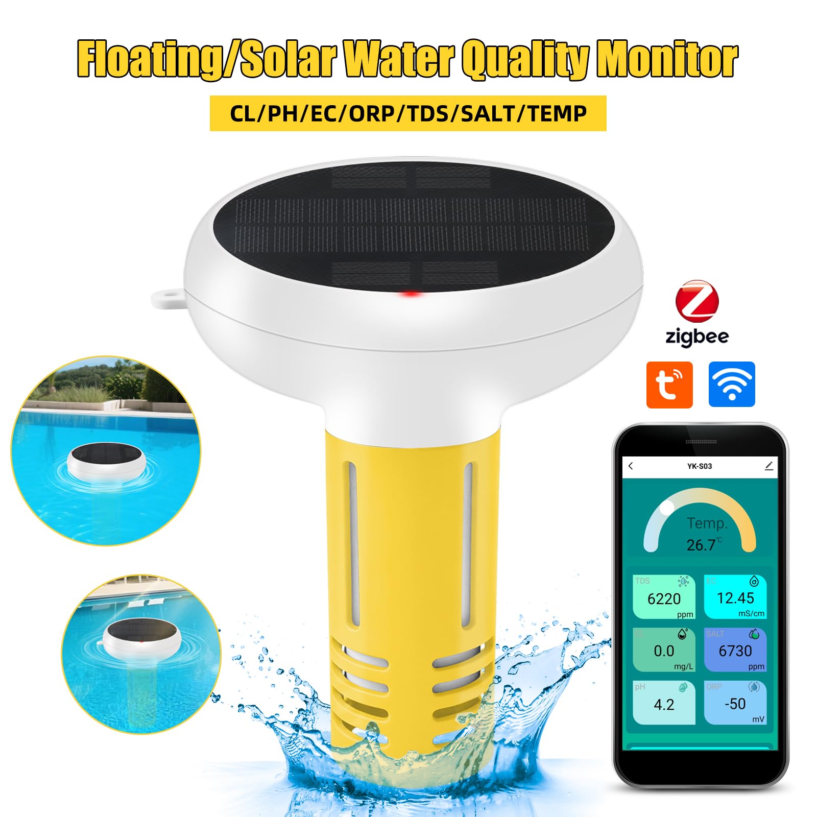 Analizador de Piscina 7 en 1 Flotante con Carga | IP67, Recargable, Anticorrosivo, Libre de Cables, Alertas, Historial de Datos, Sin Tiras Reactivas