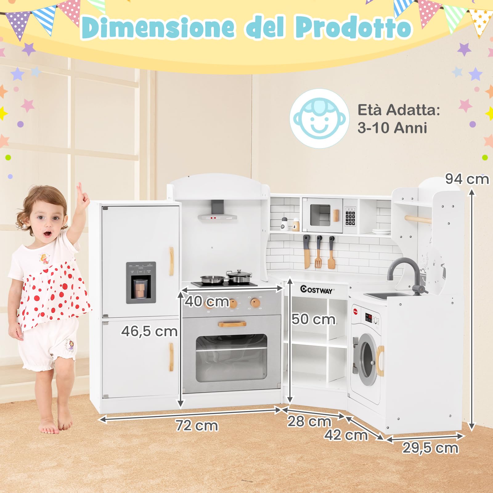 COSTWAY Set Gioco da Cucina per Bambini d'Angolo, Cucina Giocattolo in Legno con Macchina di Ghiaccio, Microonde, Lavatrice e Accessori, con Suoni e Luci, per Bambini 3-10 Anni (Bianco)