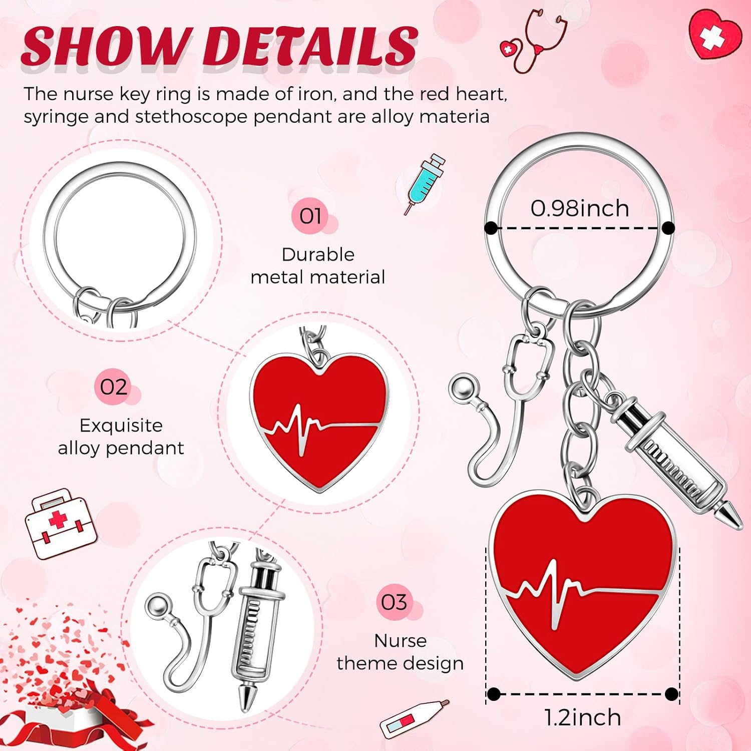 Hicarer 6 Pcs Valentines Day Nurse Gifts Red Heart Keychains for Nursing Practitioners Medical Assistant Cna Nurses Week Party Favors Christmas Appreciation Gifts - Image 3