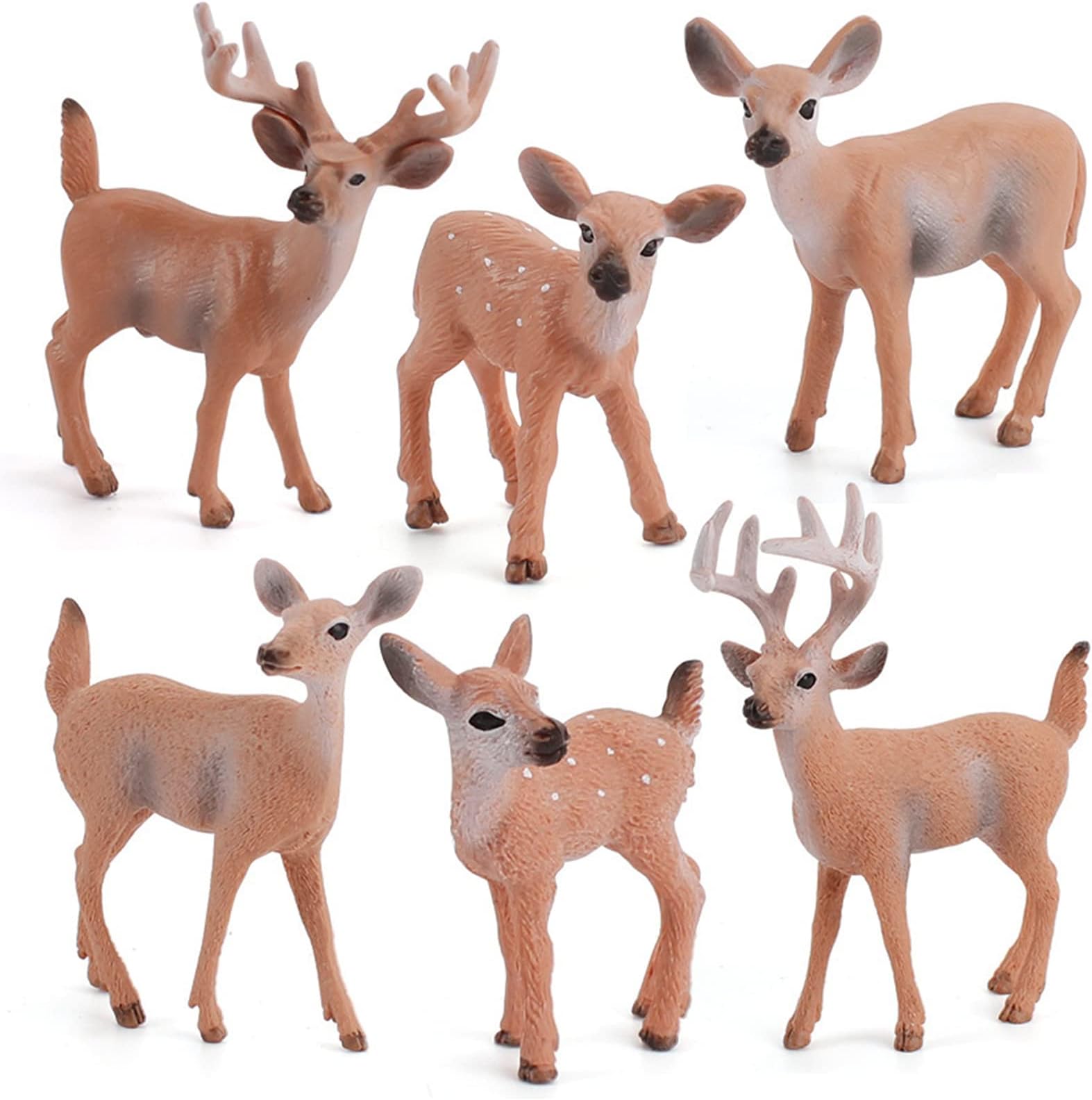 WONWONTOYS Woodland Wild Animals Toy Playset White Tail Deer Figurines Toys Christmas Scene Decoration Cake Tooper Decoration Accessory Cognitive Toys for Kids 6 Pcs