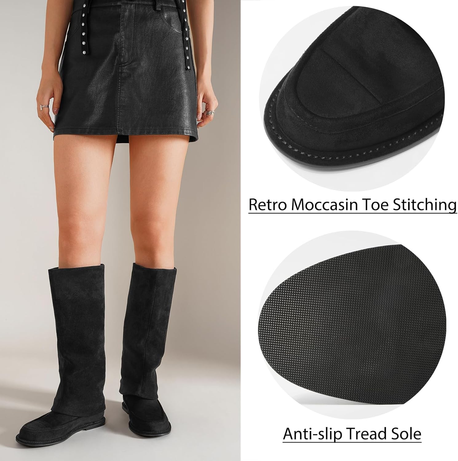 CouieCuies Suede Knee High Boots for Women Black Flats Tall Boot Pull On Fold Over Boots Suede Moccasin Toe Comfortable Dressy Shoes - Image 6