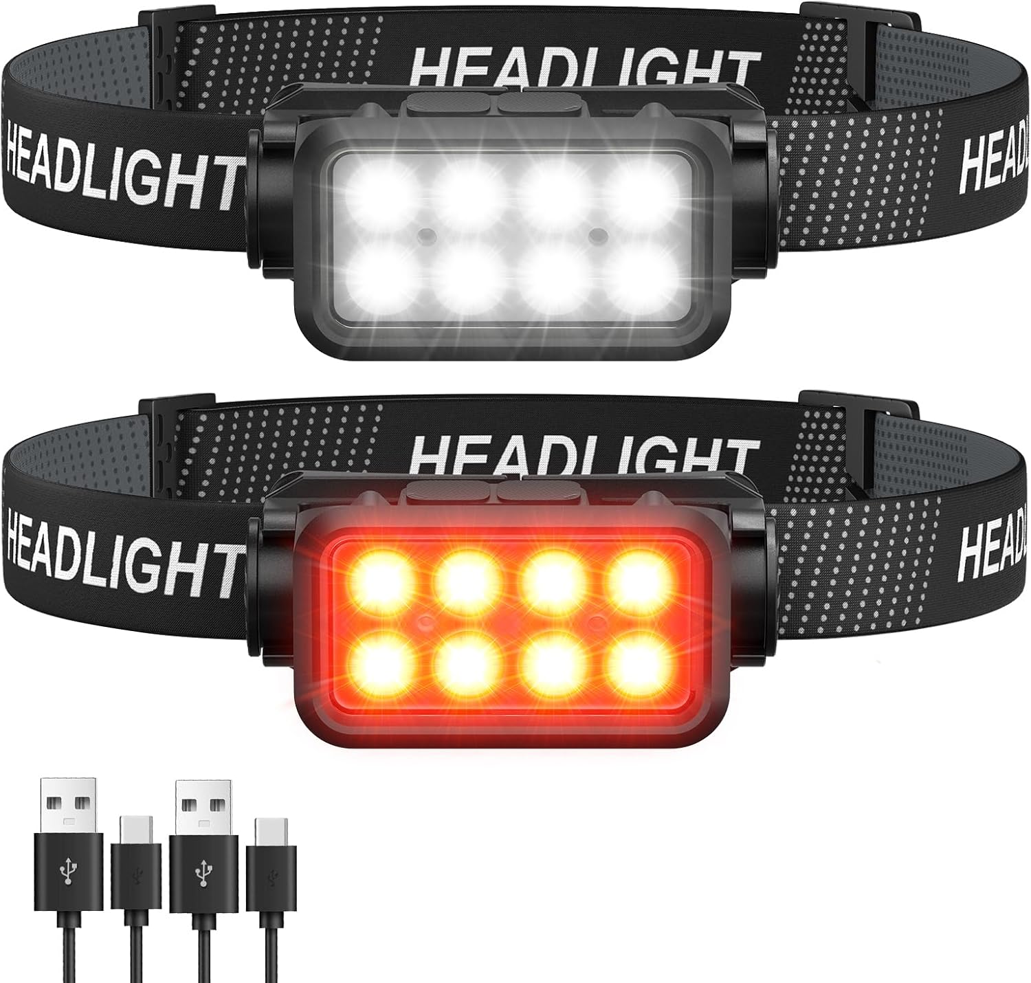 Linterna frontal recargable, 8 LED de 2500 lúmenes, faro súper brillante con luz blanca roja y sensor de movimiento, paquete de 2 lámparas de cabeza