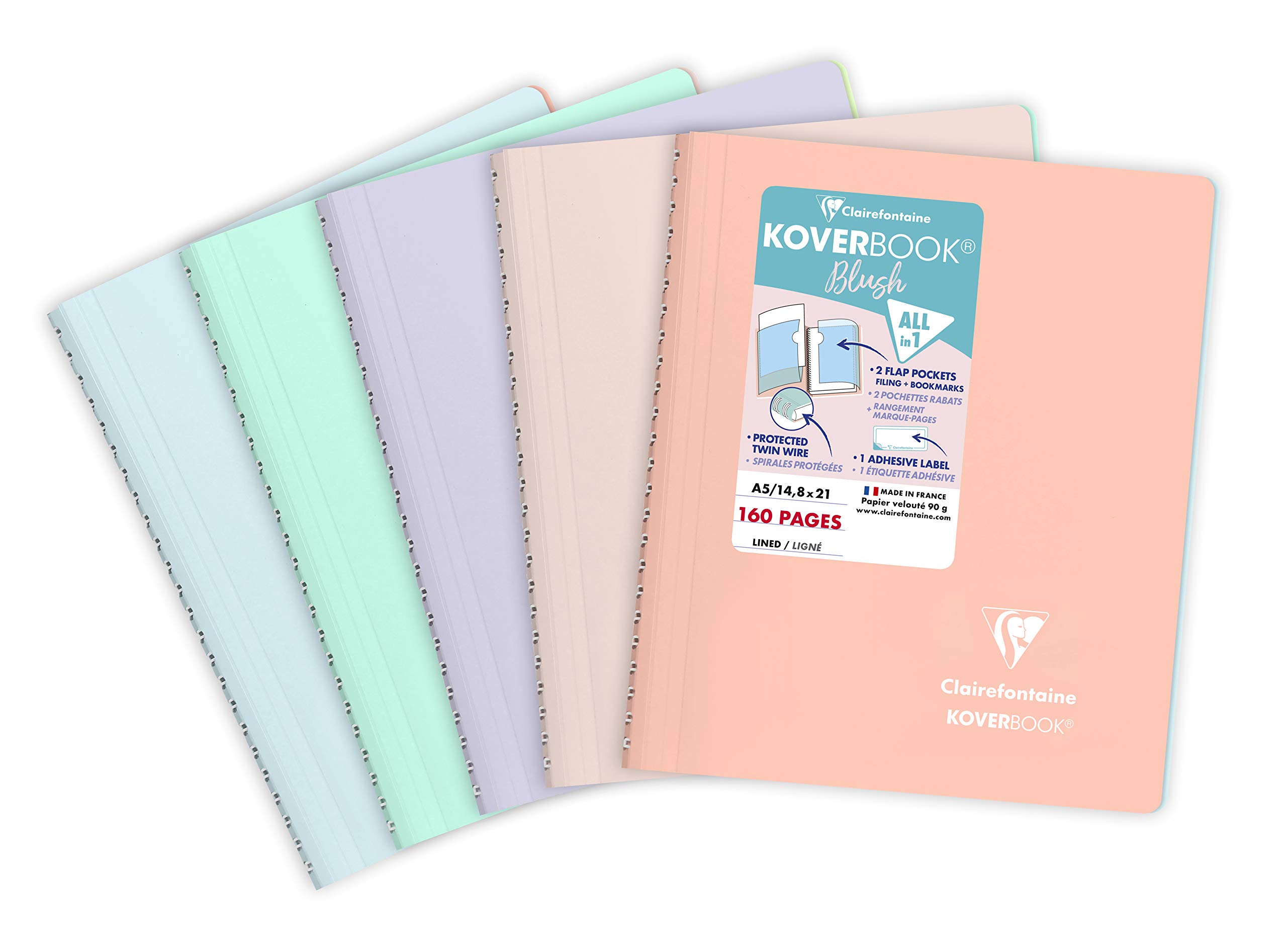 Clairefontaine 366781C Set of 5 Spiral Notebooks Koverbook Blush - A5 14,8x21 cm - 160 Lined Pages - White Paper 90 g - Opaque Polypro Cover - Random Colours