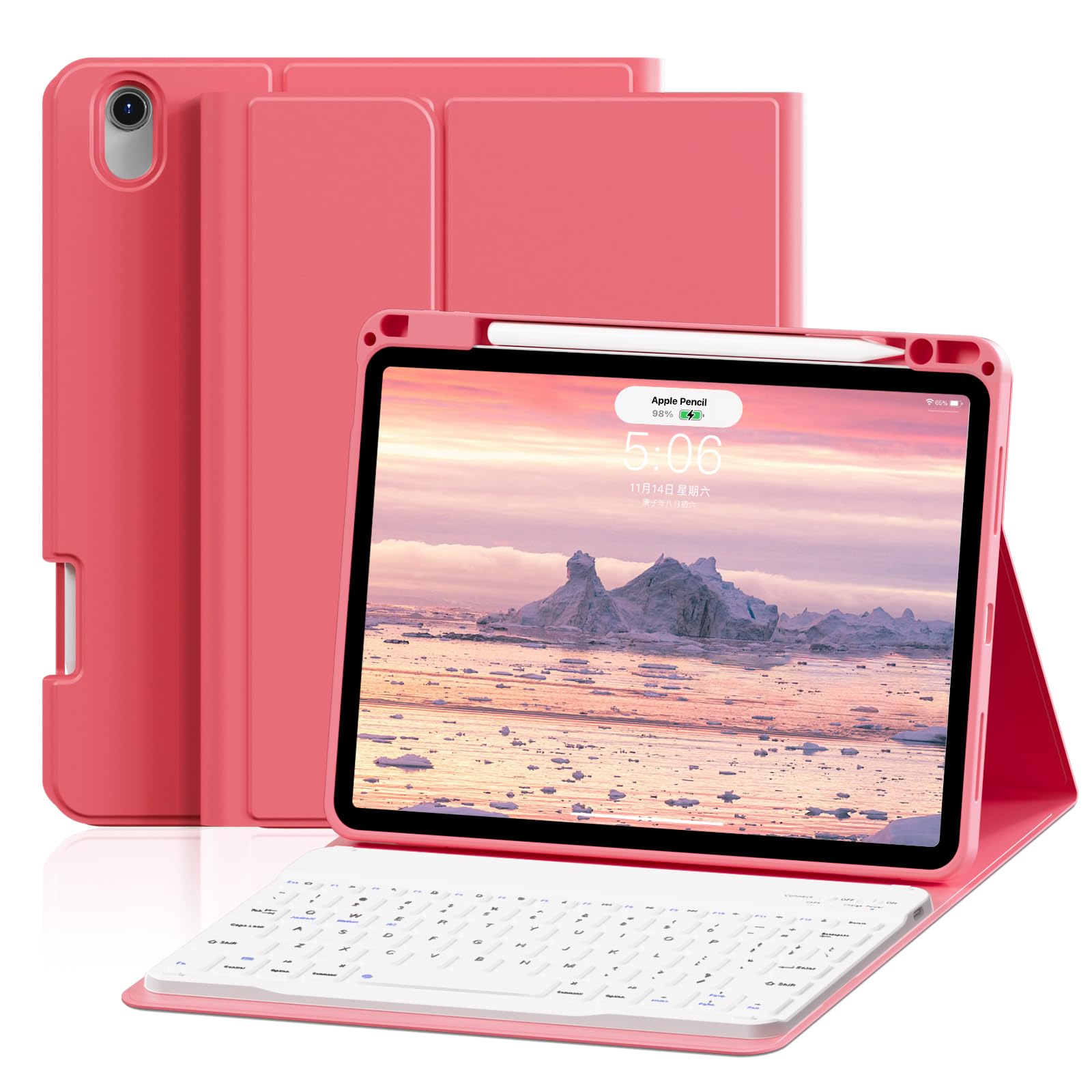 Case with Keyboard for iPad Air 11 inch M3/M2 (2025/2024), iPad Air 5th/4th Generation 10.9 inch (2022/2020), Detachable Bluetooth Keyboard, Stand Folio Cover with Pencil Holder, Pink