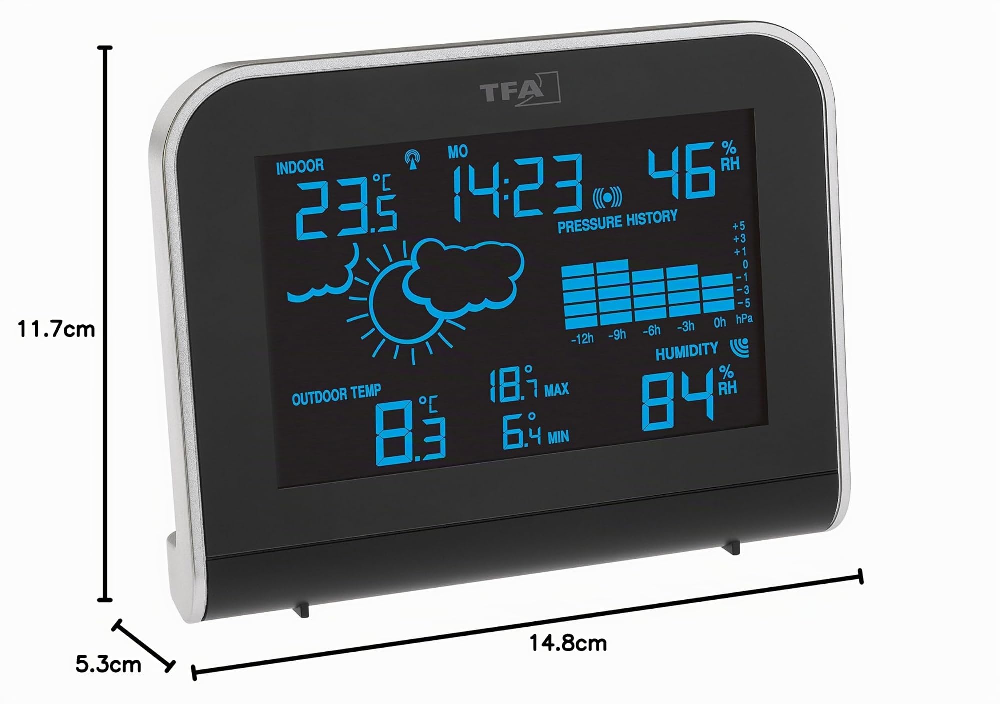 TFA Dostmann SPHERE, 35.1148.01.IT Funk-Wetterstation mit 'Color Sharp' Farbwechsel-Display mit Außensender, Schwarz, L160 x B87 x H165 mm