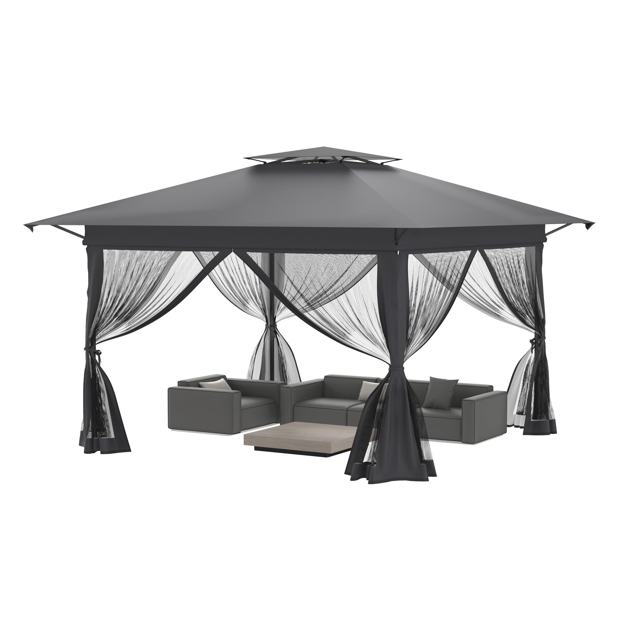 FIVMEN Gazebo pop-up 4 x 4, stabile, resistente all'inverno, pieghevole, regolabile in altezza, con doppio tetto e 4 zanzariere laterali, gazebo da giardino con borsa per il trasporto, antracite