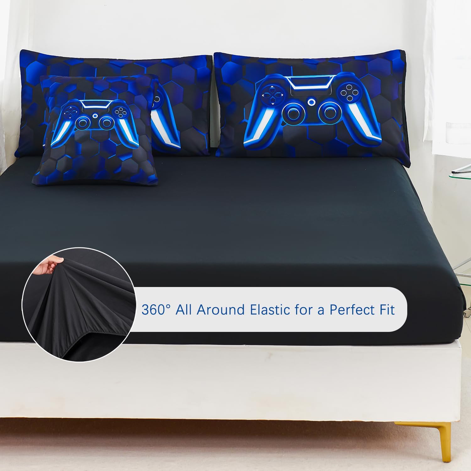 URBONUR Blue Gamer Comforter Set Queen Size for Teen Boy Bedding Sets 3D Gaming Geometric Printed Soft Microfiber Kids Bed in A Bag