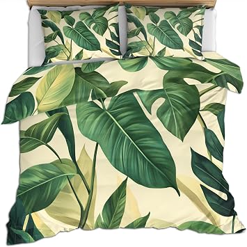 Banana Leaf Duvet Cover Queen Size, Tropical Botanical Leaves Bedding Set 3 Piece, Summer Green Comforter Cover 90x90 and 2 Pillow Sham with Zipper Closure