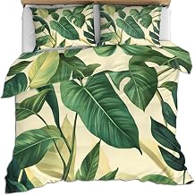 Banana Leaf Duvet Cover Queen Size, Tropical Botanical Leaves Bedding Set 3 Piece, Summer Green Comforter Cover 90x90 and 2 Pillow Sham with Zipper Closure