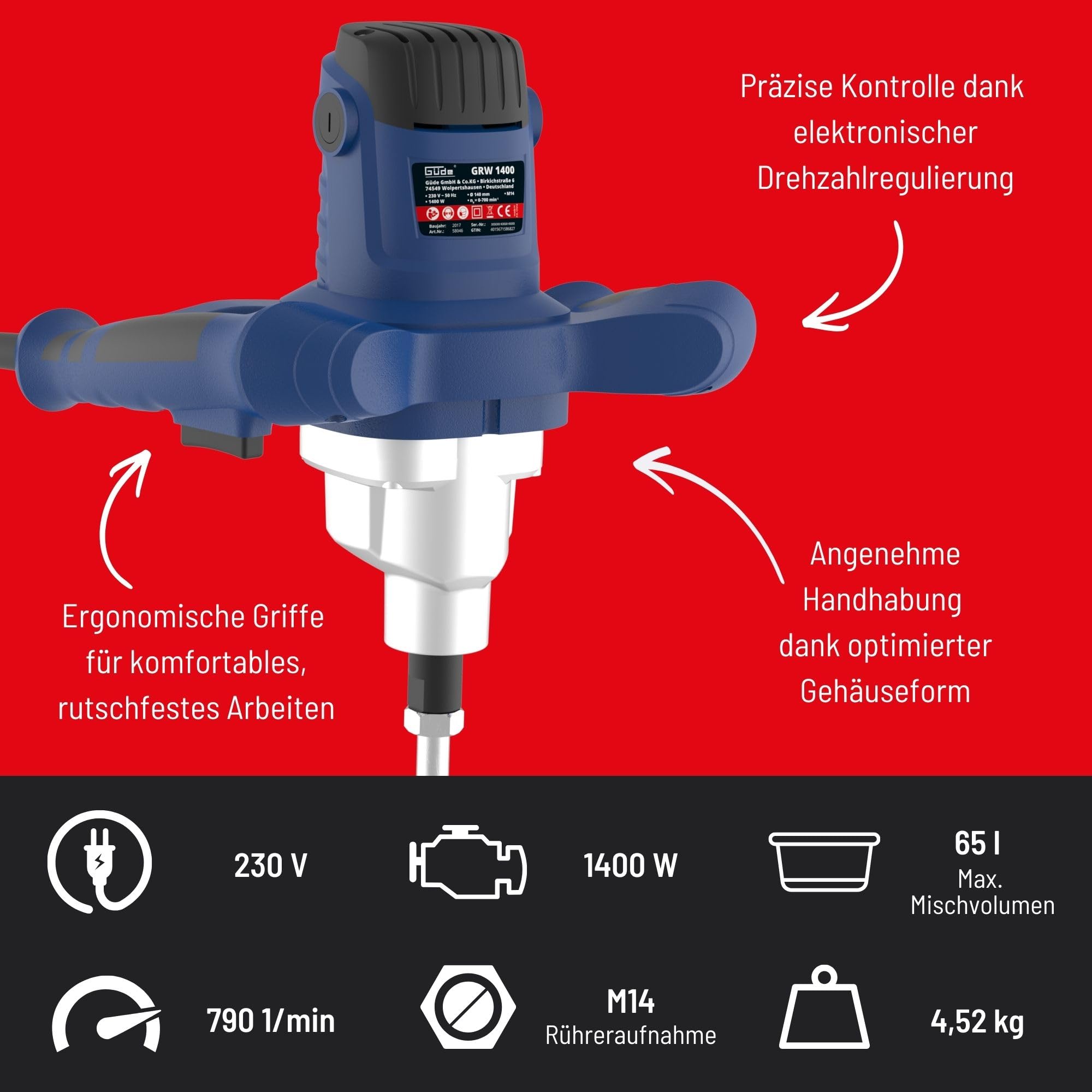 Güde Rührwerk GRW 1400 (1400 W, stufenlose elektronische Drehzahlregulierung im Griff 0-760 1/min, Metallgetriebe, ergonomisch, Rühreraufnahme M14, Rührer ø 140 mm für pulverförmige Bauwerkstoffe)