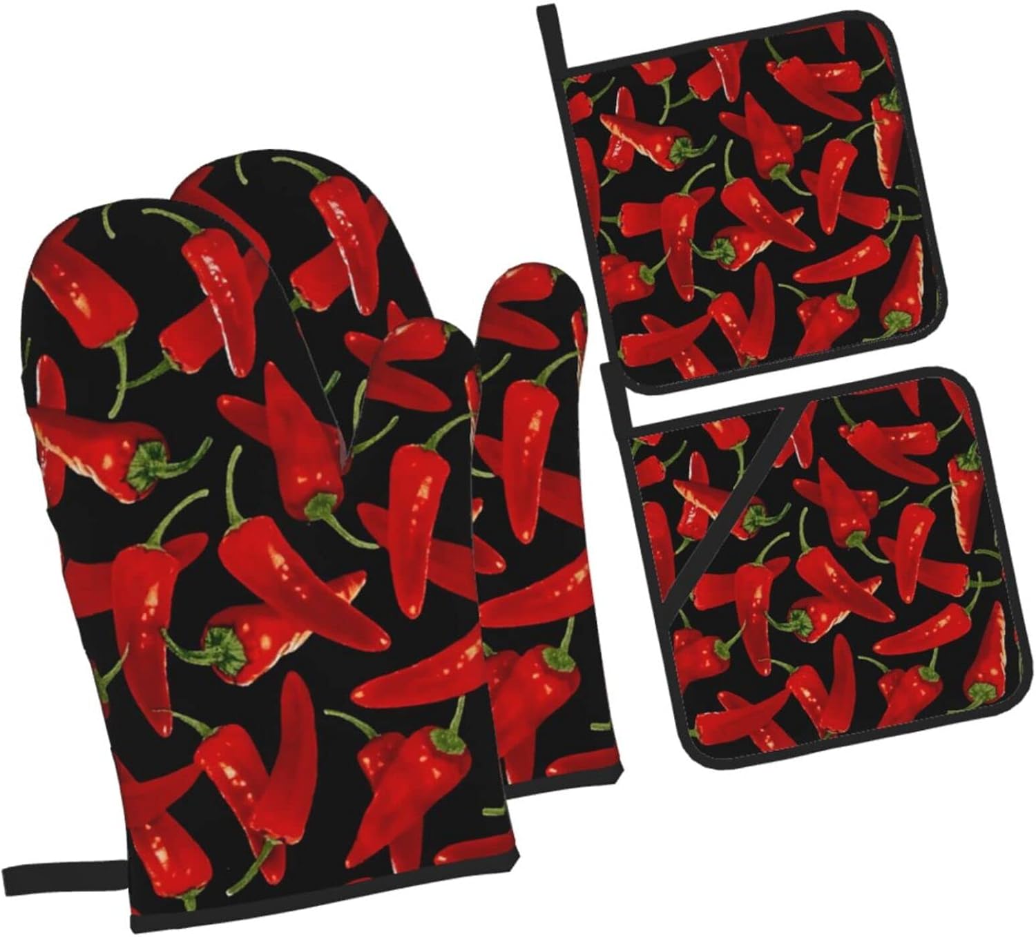 Chili Peppers Chili Oven Mitts and Pot Holders Sets of 4 High Heat Resistant Oven Mitts with Oven Gloves and Hot Pads Polyester Potholders for Kitchen Baking Grilling BBQ Non-Slip Cooking Mitts
