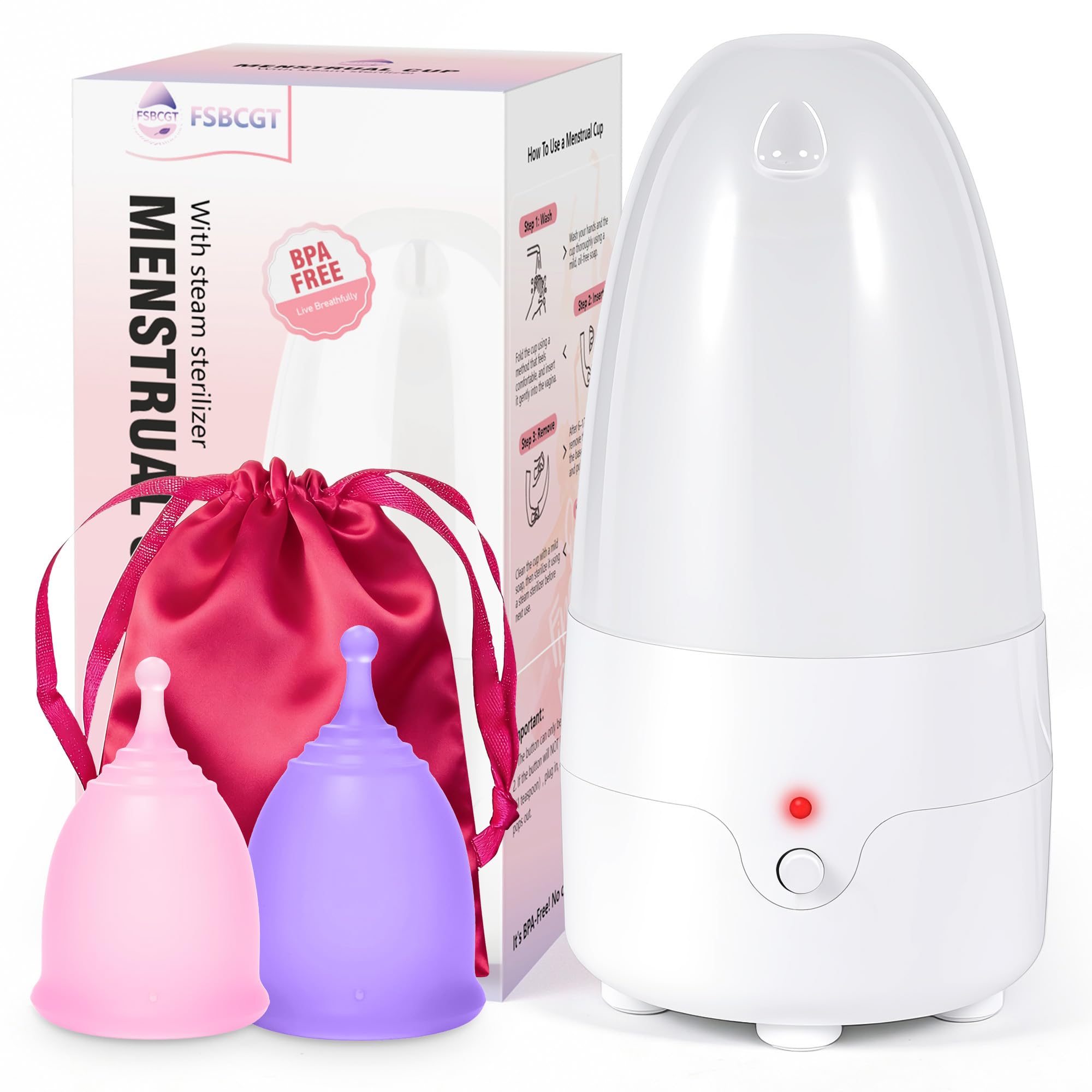 Juego de 2 vasos menstruales reutilizables con esterilizador de copa menstrual, kit de lavado limpiador de copas menstruales, uso cómodo durante 12 horas (pequeño y grande)