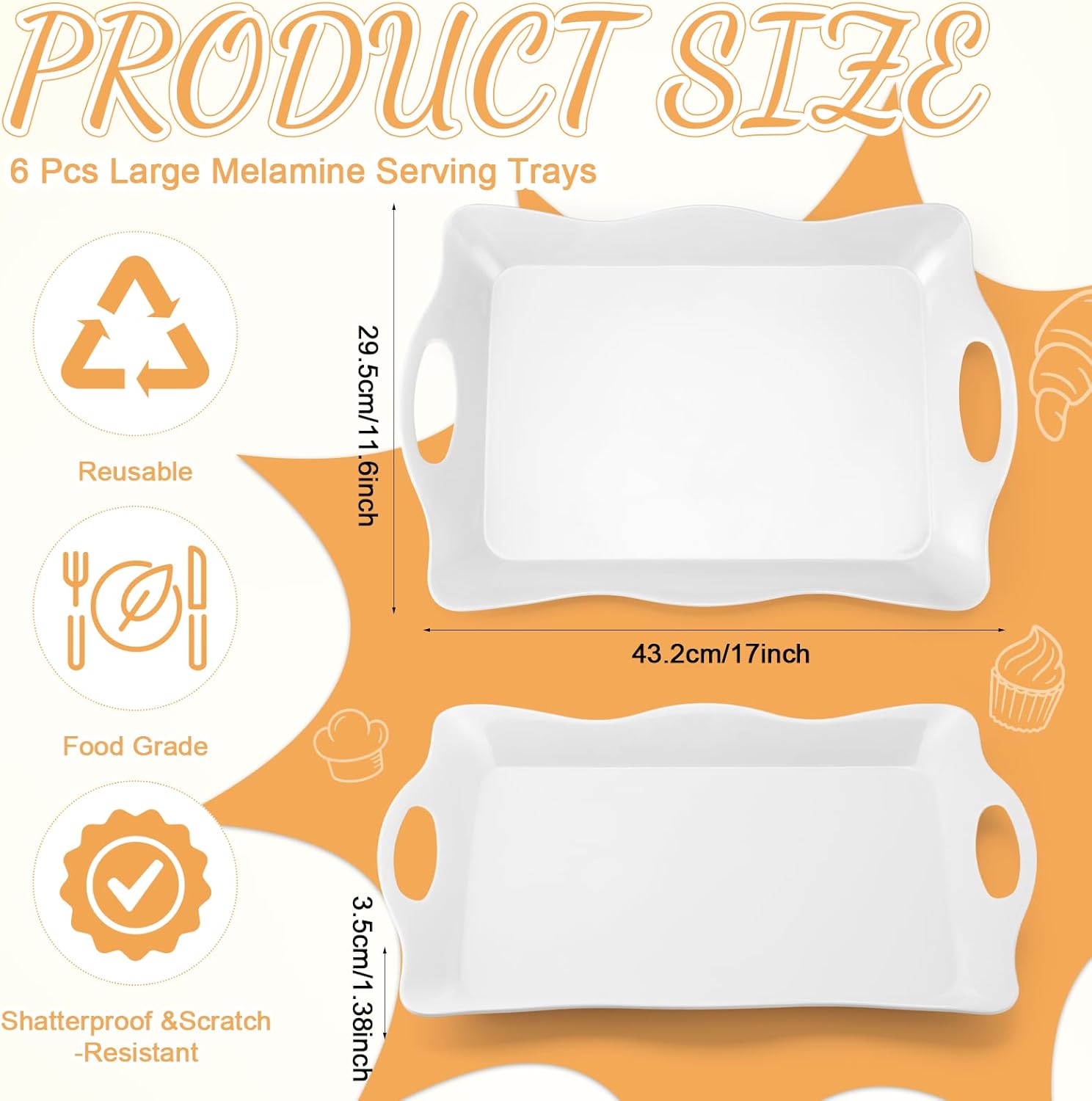 6 Pcs Large Melamine Serving Tray with Handles 17 x 12 Inch Rectangular Wave Melamine Serving Platters for Food, Eating, Turkey, Snack, Fruit, Desserts, Party, Dishwasher Safe