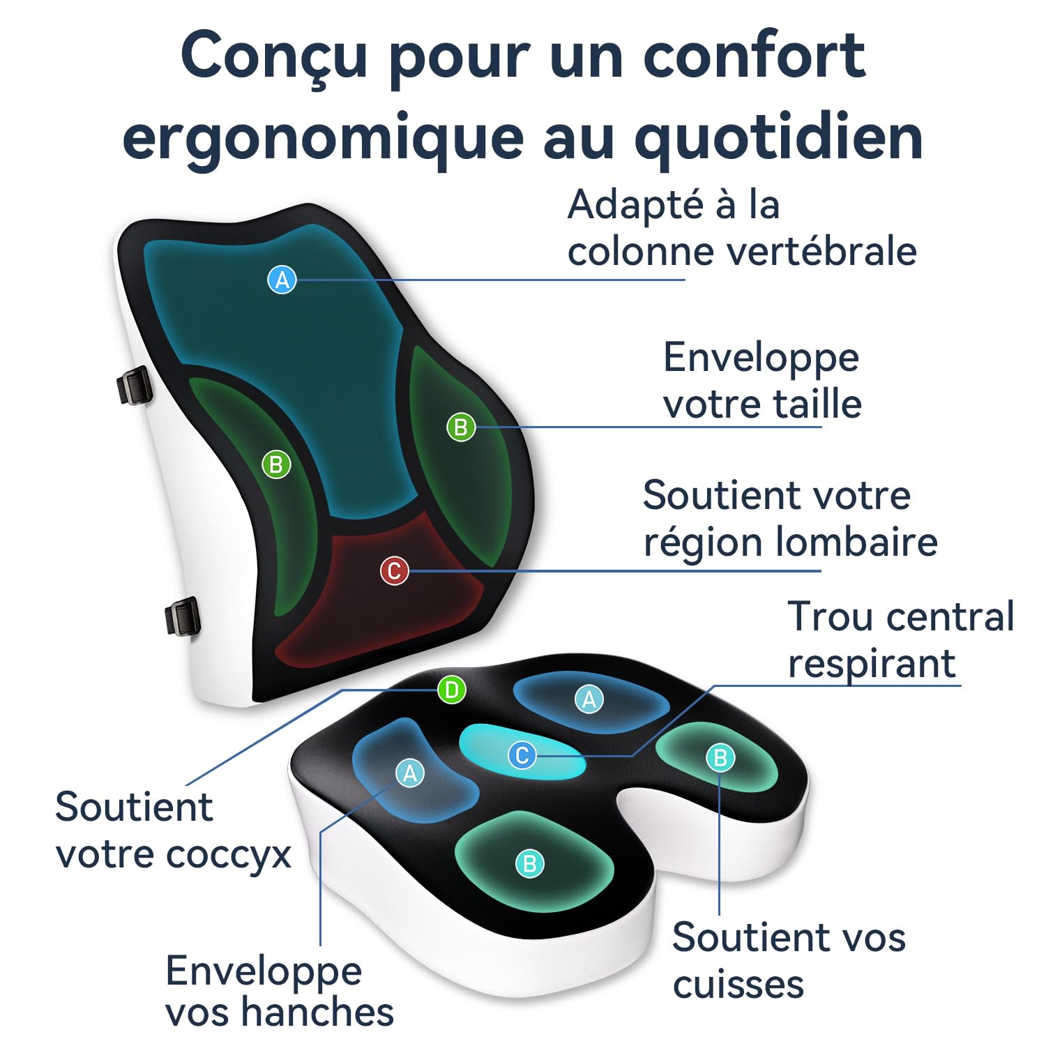 Travel Ease Ensemble Coussin de Siège et Soutien Lombaire en Mousse à Mémoire, Confort Ergonomique pour Chaise de Bureau, Siège de Voiture, Maison et Voyage, Coussin pour Le Dos et Les Fessiers, Noir