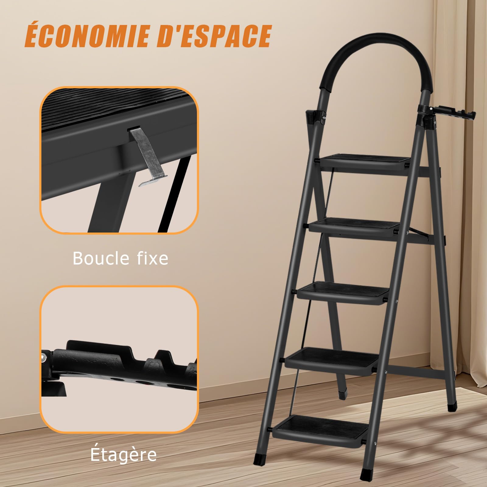 Escabeau Pliable 5 Marches avec Plateau à Outils et Mains Courantes, pour Maison Cuisine Garde-Manger Placards Bureau, Échelle Marche Pied Pliante 5-Level pour Intérieur Extérieur (Noir)