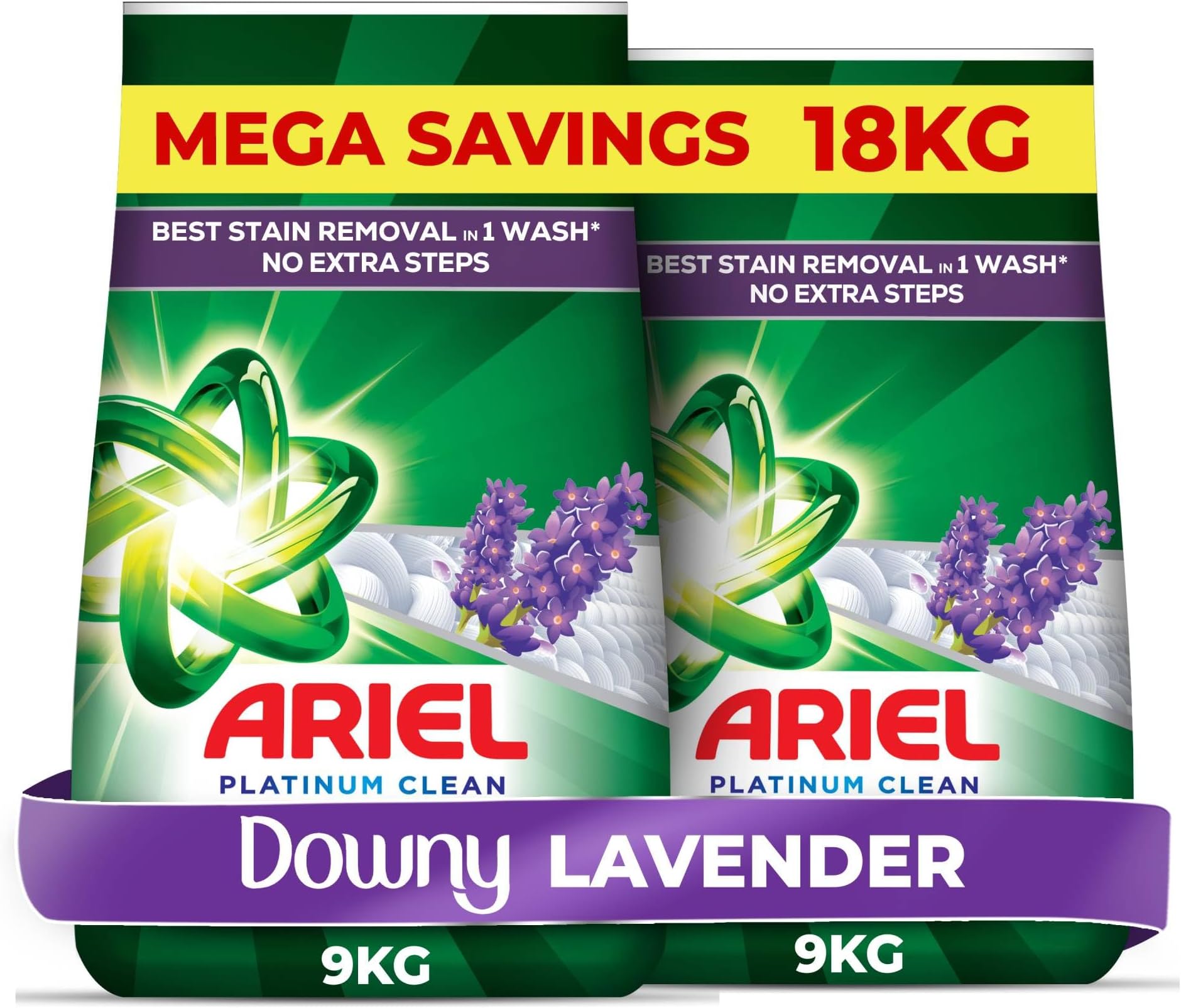 Ariel Fast Dissolving Laundry Detergent Powder with Lavender, (2x9) 18 KG