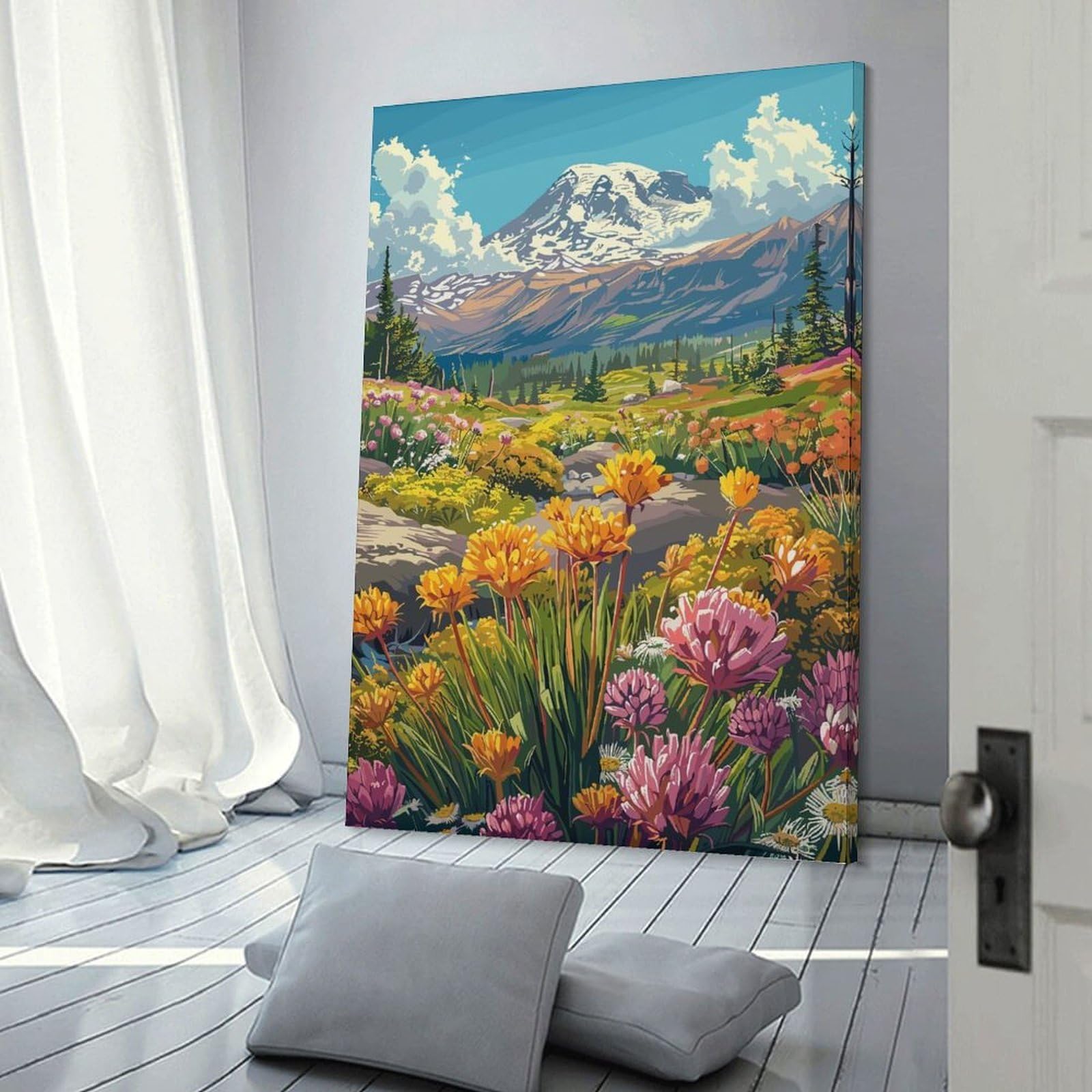 Junmoney Canvas Wall Picture Mount Rainier Wildflowers, 20x30inch(50x75cm), for Calm Bedrooms, Home Corners Or Flats, Decorative Wall Art for Cosy Rooms