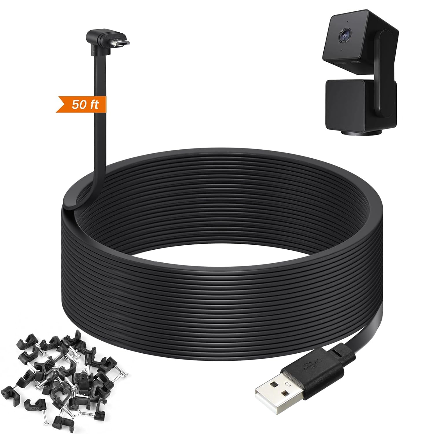 weishan 50ft Power Cord Compatible with Wyze Cam Pan v3 Security Camera - 15m Long Flat USB to Micro USB L-Shaped 90-Degree Charging Extension Cable, Black
