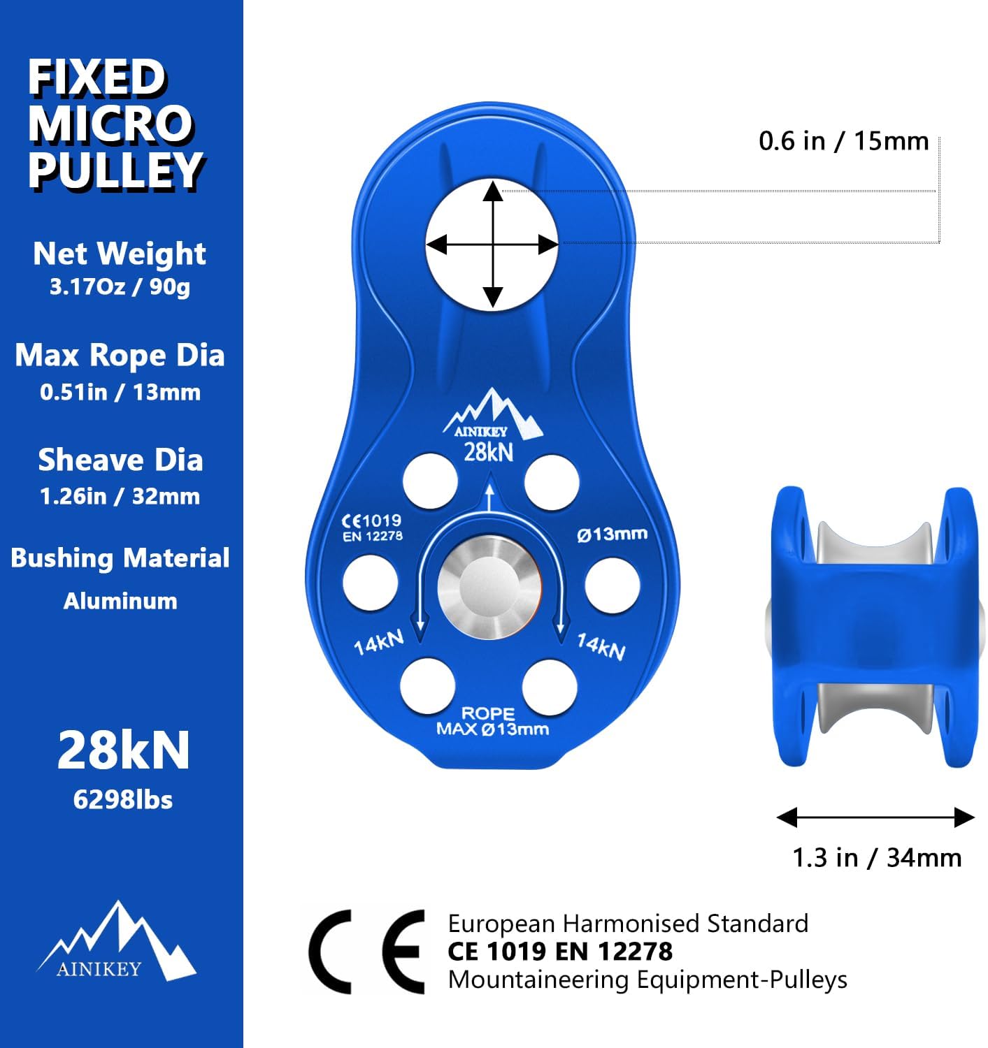 Fixed Plate Micro Pulley, 28KN CE Certified General Purpose Small Aluminum Rope Pulleys Slack Tender for Hauling/Rigging/Climbing/Aloft Work/Rappelling etc (Pack of 2(28KN Pulley Blue))