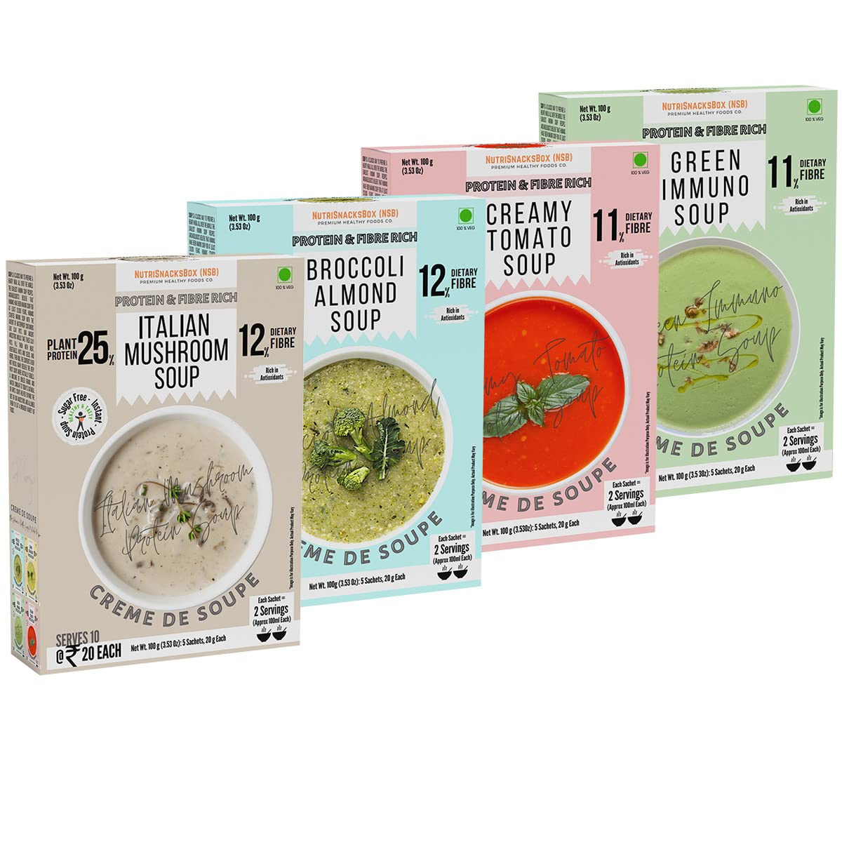 NutriSnacksBox Instant Protein Soup Combo Packets, Ready To Cook Healthy Soup, Italian Mushroom Soup, Broccoli Almond Soup, Green Immunity Soup, and Tomato Soup (Pack of 4 x 100g)
