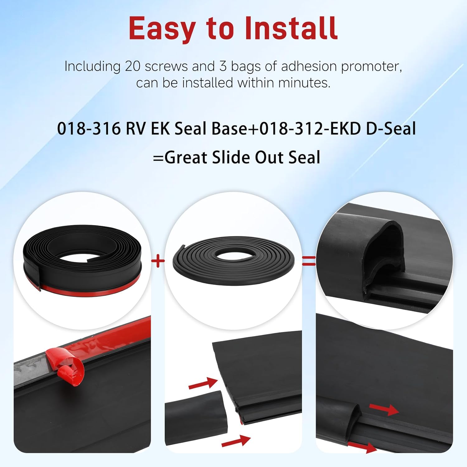 RV Slide Out Seal Kit 018-316 EK Base with 2-7/8" Wiper & 018-312-EKD,1/2' * 3.66" * 35’ Clip Base & 1' * 15/16" * 35' D-Seal,Travel Trailer Weather Stripping,Black Rubbers for RV Slideout System