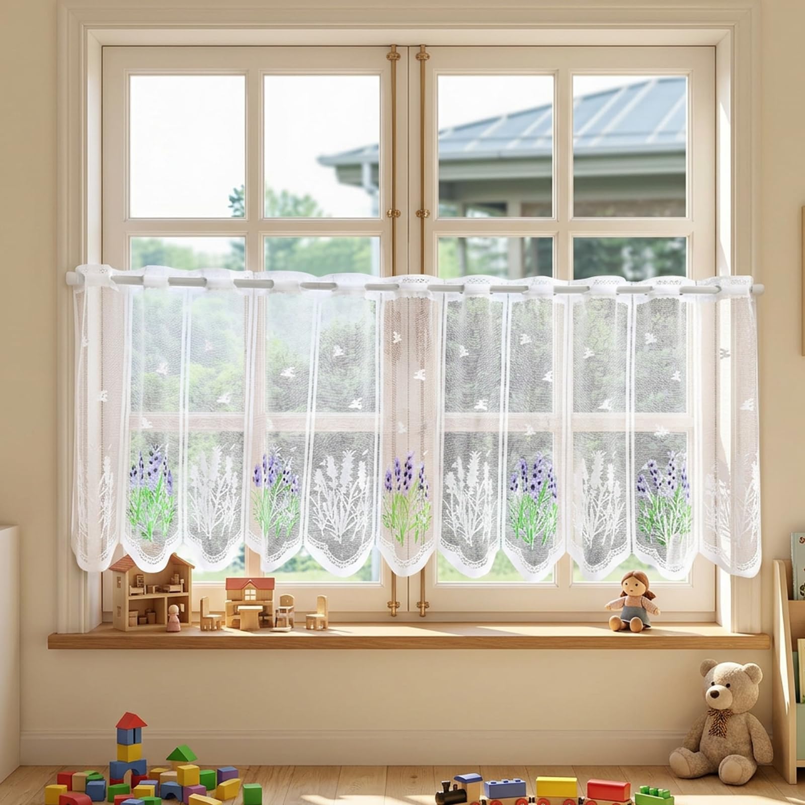 WaaRiuQ 1 Piece White Lace Cafe Curtains, Elegant Kitchen Curtains For Windows With Lavender Lace Design, Short Curtains For Kitchen Bathroom Cupboard Basement, (153x48cm)