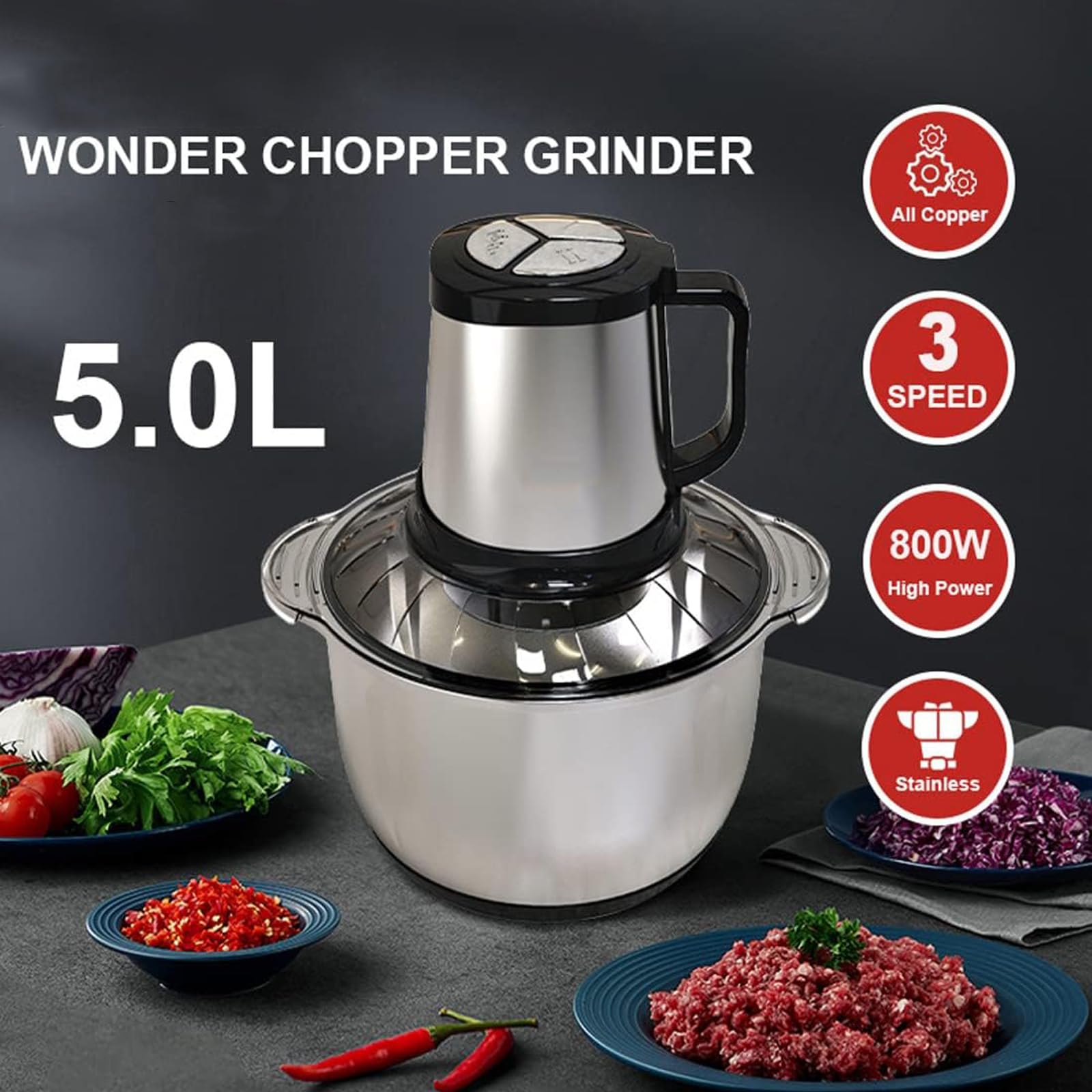 5L Zerkleinerer Küche Elektrisch 800W Multizerkleinerer Vollkupfermotor 3 Geschwindigkeit 4 Klingen Universalzerkleinerer für Fleisch Gemüse Zwiebeln Obst