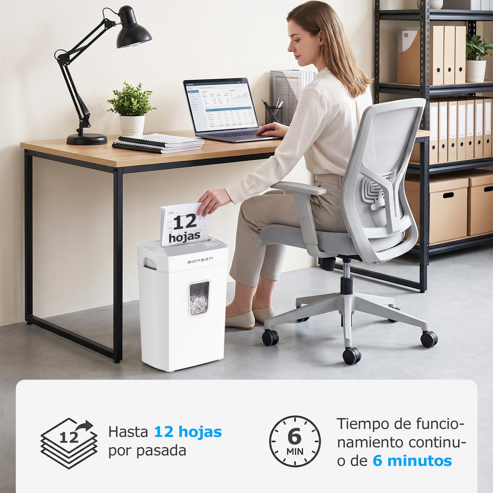 BONSEN Destructora de Papel Microcorte 12 Hojas, Silenciosa 60dB, S5211-W | Depósito 21L, Nivel de Seguridad P-4, Trituradora de Documentos para Hogar y Oficina, Tarjetas de Crédito, Grapas y Clips