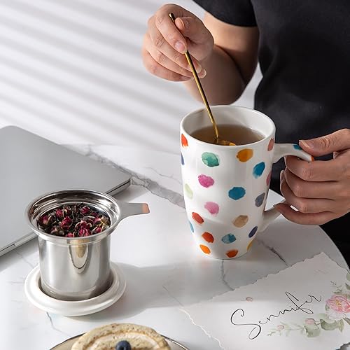 Miniatura 4 de Taza de té con infusor y tapa, taza de té grande de cerámica de hoja suelta de 18 onzas, apta para microondas, taza de té apta para lavavajillas,