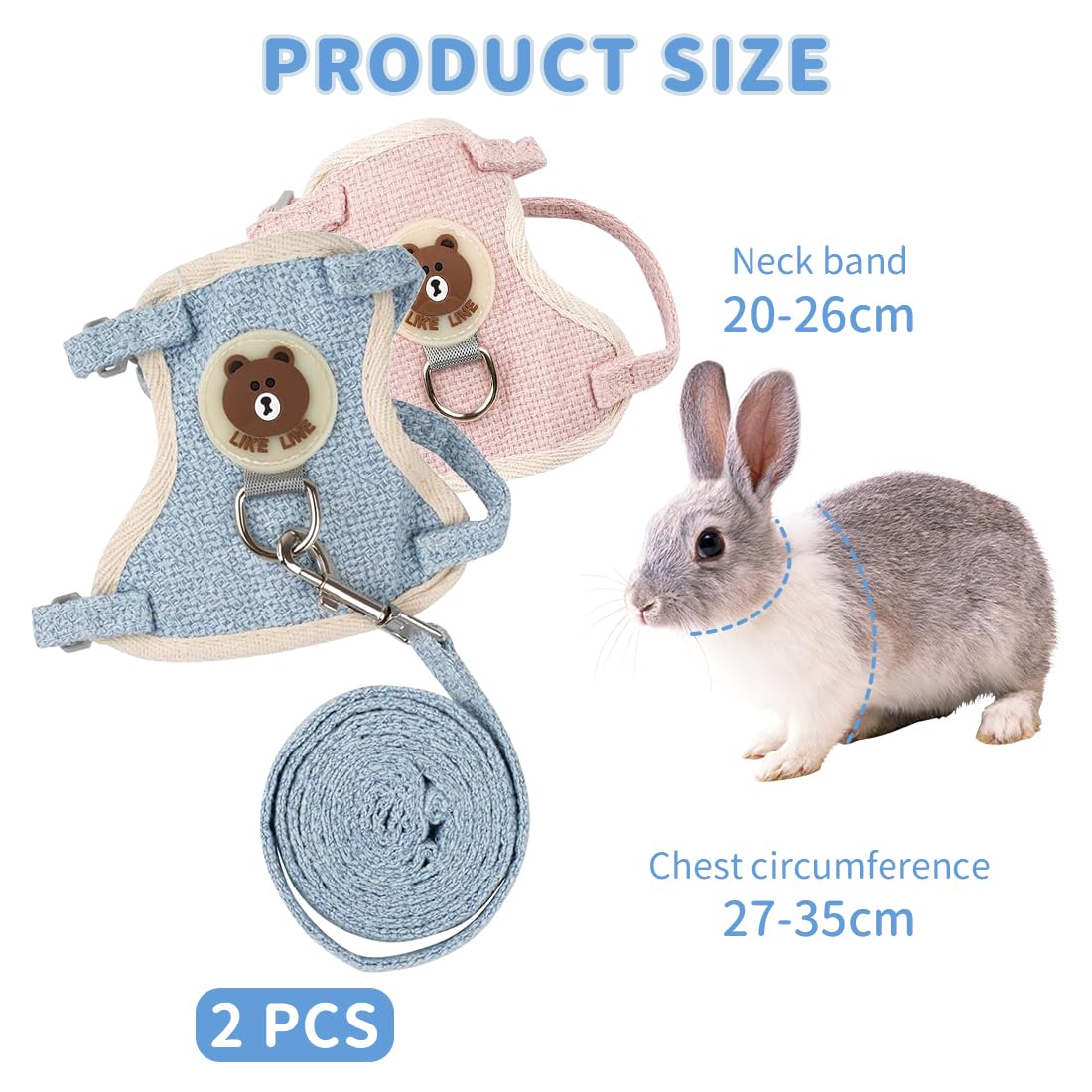 Set de 2 laisses pour Lapin - Harnais réglable pour Lapin avec Laisse - Accessoires Souples pour Chats, Petits Chiens et Autres Animaux de Compagnie - Bleu et Rose