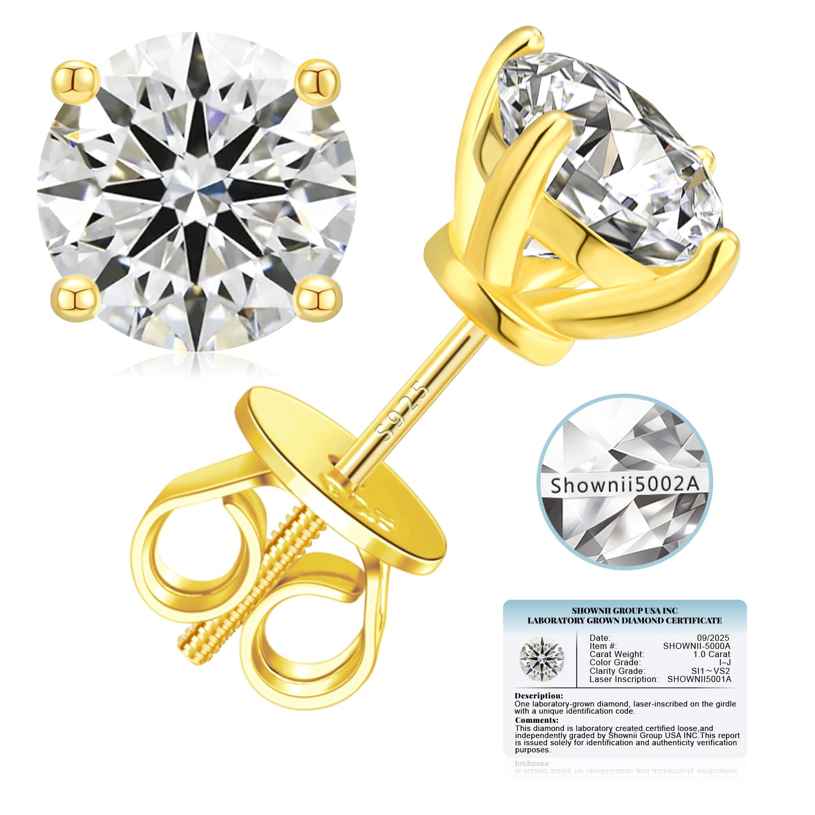 SHOWNII LAB GROWN Diamond Stud Earrings for Women 0.25CT - 2CT Screw Back