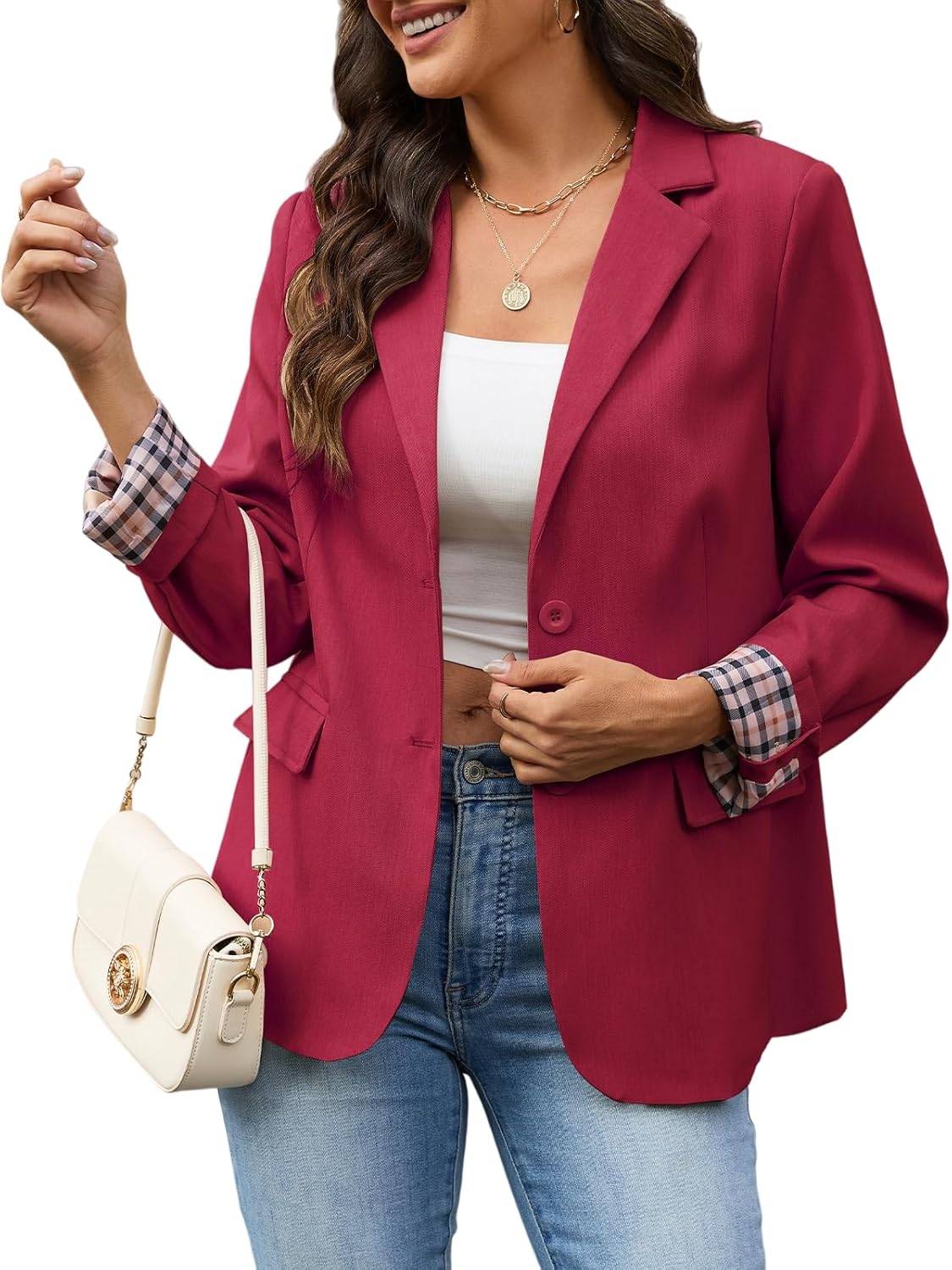 Women's Business Casual Blazer Long Sleeve Lapel Open Front Suit Work Jacket Button Front Lapel Blazer with Pockets